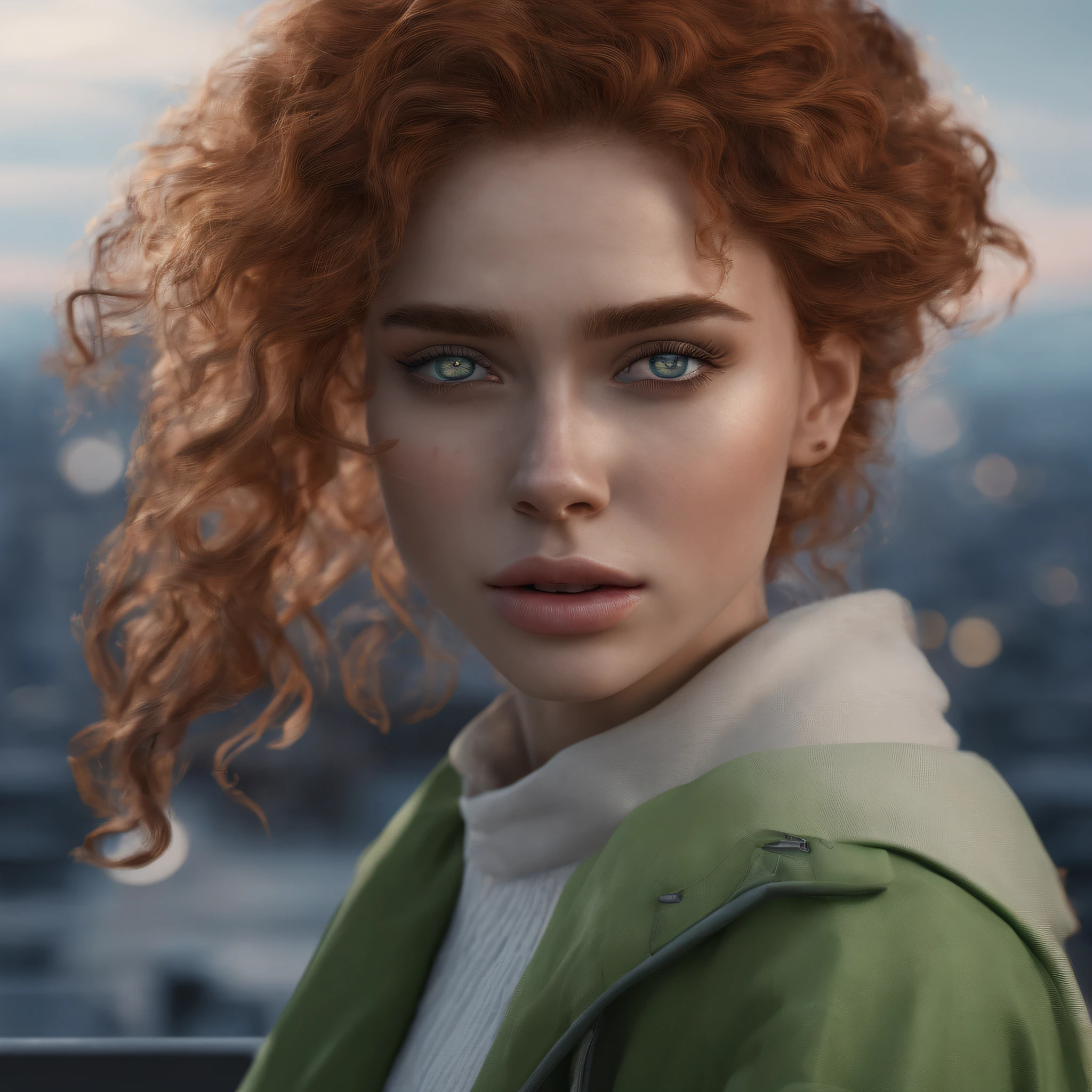 ((Masterpiece), best quality, HDR,UHD,8K), late at night ,dark sky, life-like realistic portrait of a beautiful sad girl with green eyes , curly red hair, white skin, feeling sadly with tears in her eyes, a black bracelet on her hand ,full body, standing on roof of a high apartment with a view of a big city, a light breeze, hyper resolution, extremely detailed , beautiful eyes, cute face