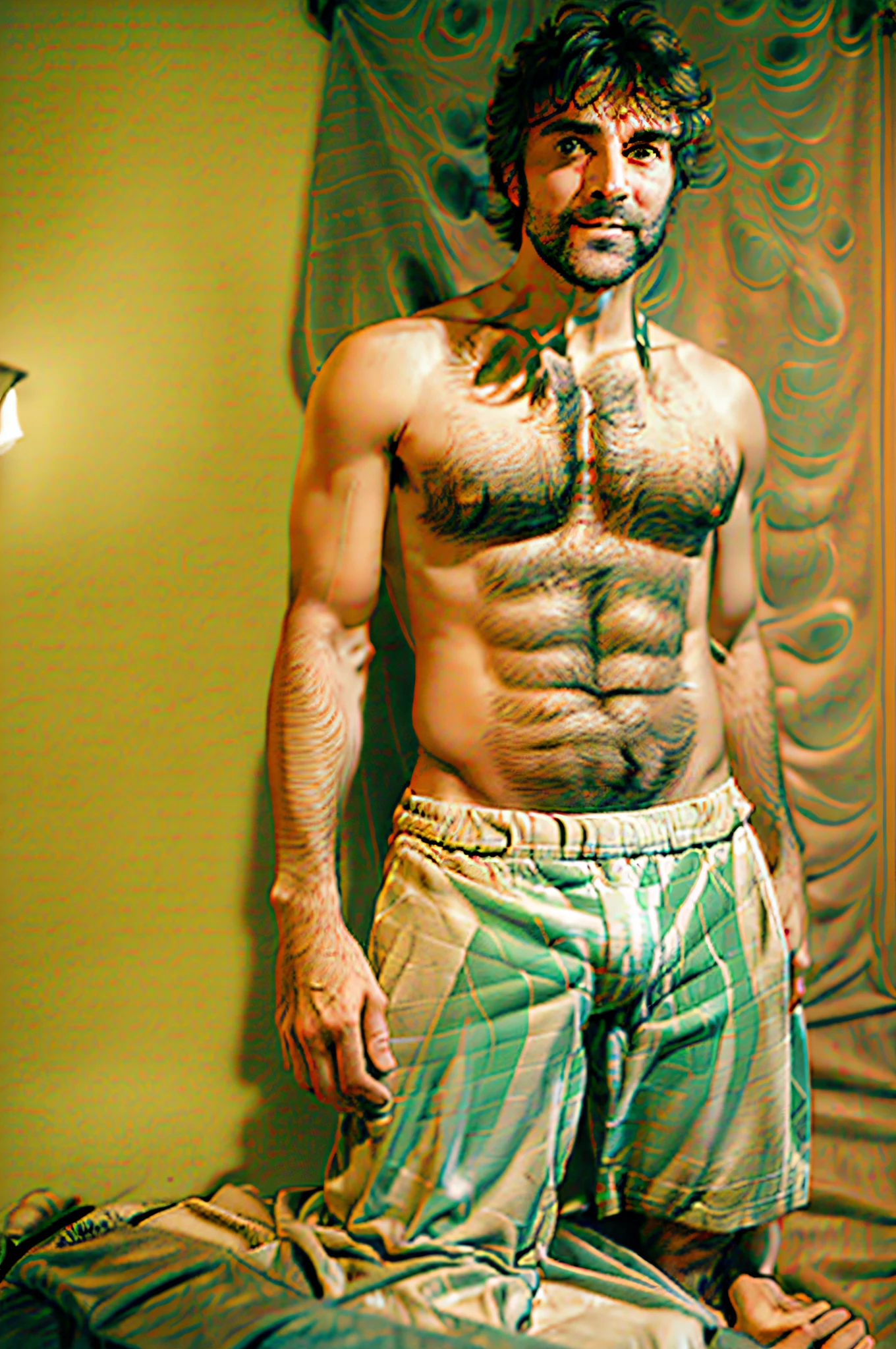 there is a man that is standing in a room with no shirt, a photo inspired by Ludovit Fulla, reddit, figuration libre, hairy chest, bare hairy chest, hairy bodies, hairy chest and hairy body, hairy torso, partially male hairy torso, chest hair, scruffy looking, hairy body, furry chest, mid-shot of a hunky