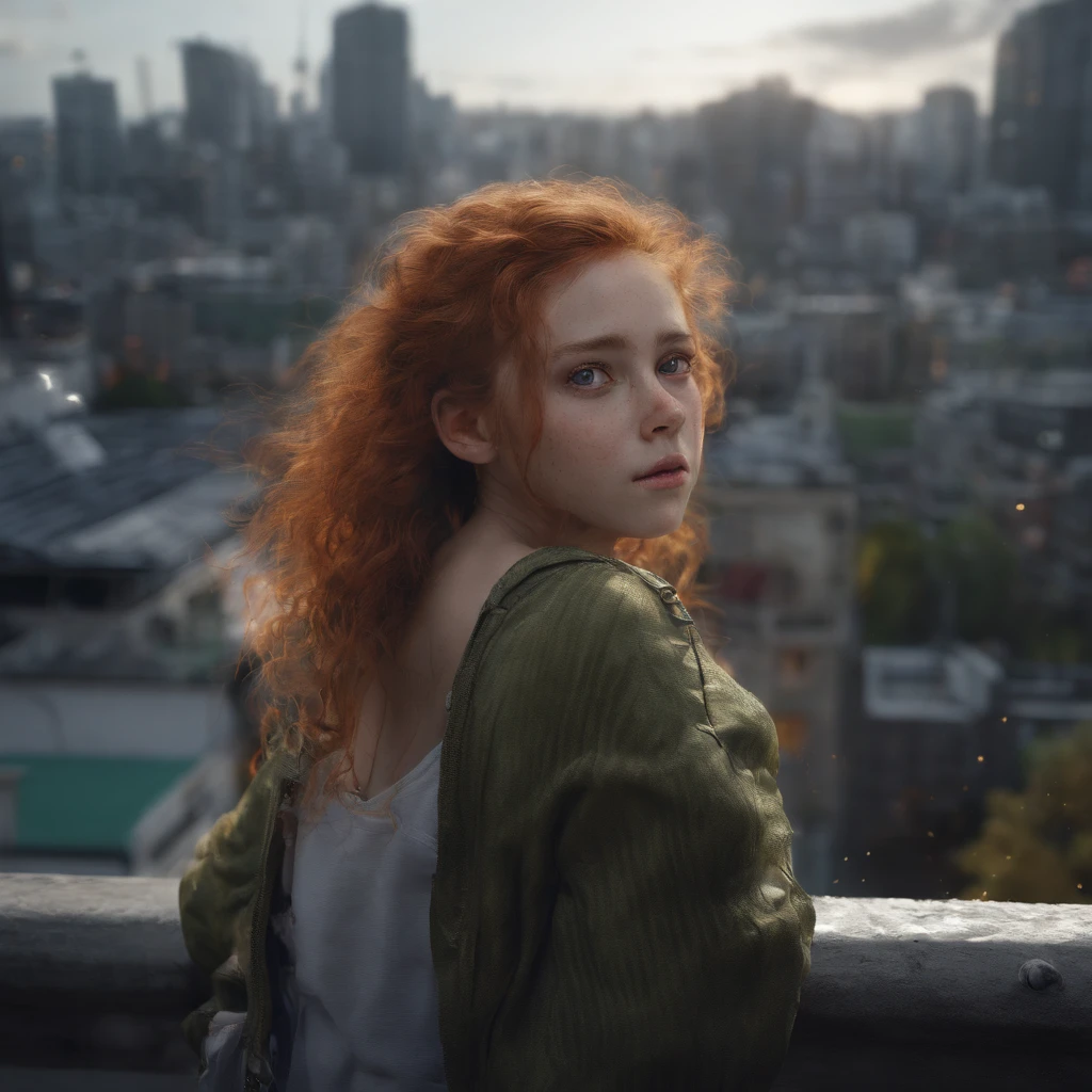((Masterpiece), best quality, HDR,UHD,8K), late at night ,dark sky, life-like realistic portrait of a beautiful sad girl with green eyes , curly red hair, white skin, feeling sadly with tears in her eyes, a black bracelet on her hand ,full body, standing on roof of a high apartment with a view of a big city, a light breeze, hyper resolution, extremely detailed , beautiful eyes, cute face