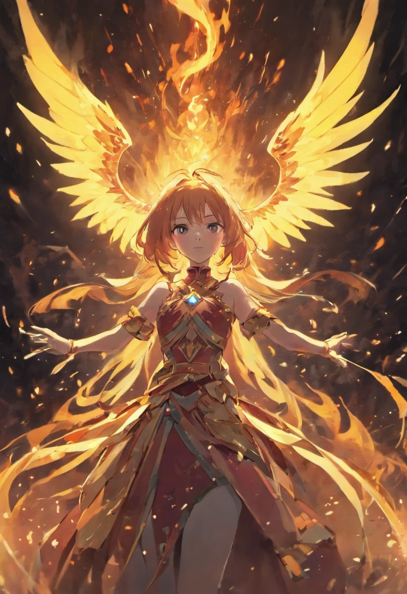 (Birds of God),(Fire Phoenix),(Fire outlined the body of the phoenix),(Robotic Phoenix) Phoenix flapping its wings,(Shining with golden light),Solo,nigth,Multiple silhouettes, super detailing,best qualtiy,masutepiece,(8K),Extremely detailed,magnificent artwork