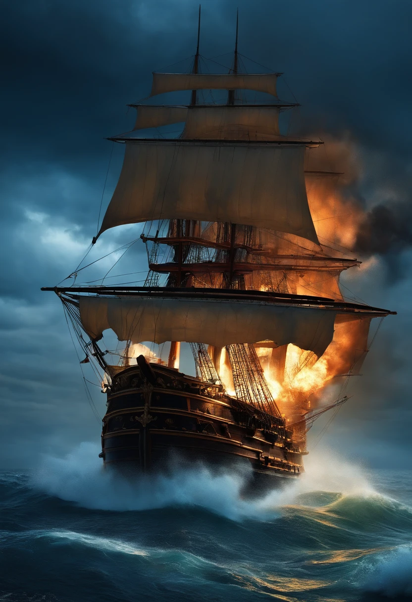 steam artwork, pirate ship war, fire, rain, storm, cannons, sea waves, blue clouds