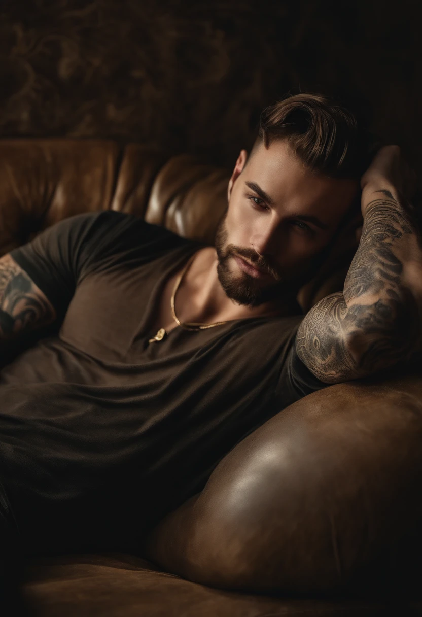 A man laying on a couch with a tattoo on his arm, a bronze sculpture by Alexander Kucharsky, Tumblr, rococo, masculine, handsome, sensual