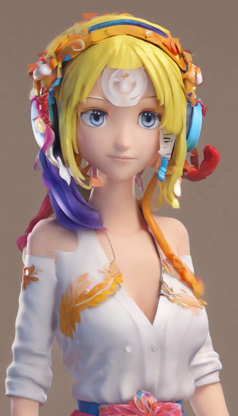 Uta (one piece), Oda Eiichirou,, , 1girl, :d, franja, fita azul, pupilas em forma de diamante, Diamante (forma), cabelo entre os olhos, headphones on head, cabelos longos, cabelos multicoloridos, boca aberta, Purple eyes, red hair, fita, camisa, assinatura, Mangas, camisa sem mangas, sorrir, sozinho, ((cabelos de cor dividida)), symbol-shaped pupils, cabelos brancos, camisa branca, mar, um olho coberto, Aquarela,, ,