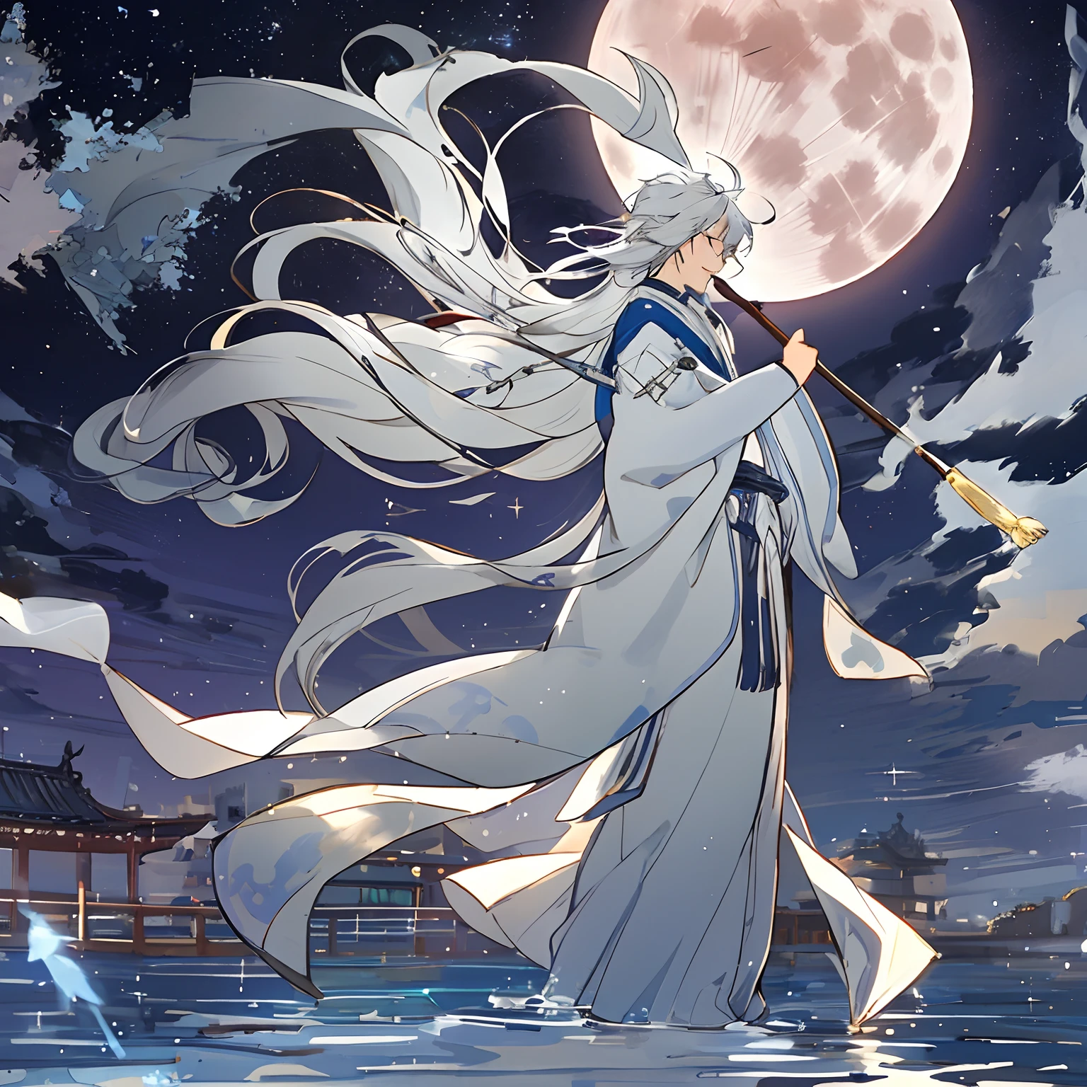 shoun,younge boy,White Hanfu,long white hair,Long flowing hair,Wide robe with large sleeves,年轻,Young,Ancient wind,Solid color clothes,The clothes do not have any patterns,adolable,laughingly,flood,softlighting,Flat painting style,aquarelle,water ink,Behind it is the full moon,low-saturation,low-contrast,big laughter,Pleasure