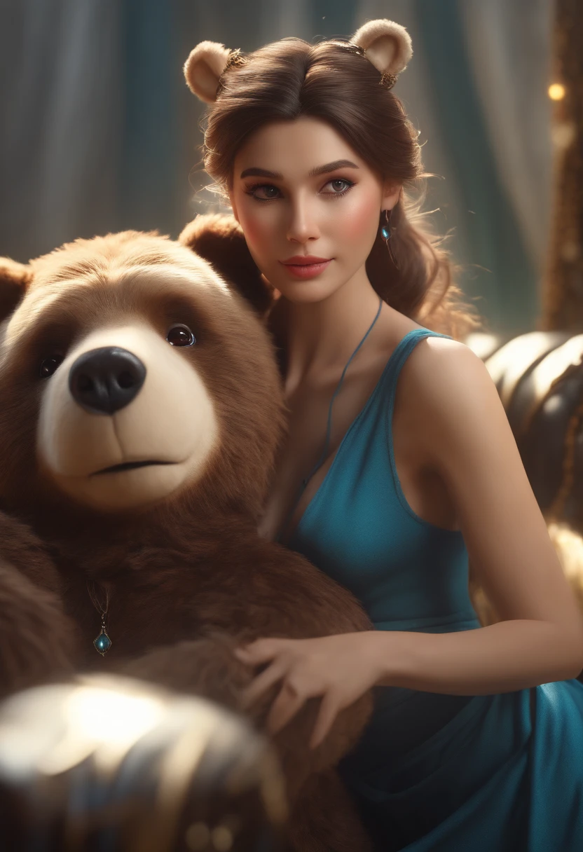 (best quality,4k,8k,highres,masterpiece:1.2),ultra-detailed,(realistic,photorealistic,photo-realistic:1.37),portraits,charakter inspired by League of Legends,woman,charming,teddy bear-like appearance,cute expression,dark hair in a ponytail,bear ears,earrings,magical background