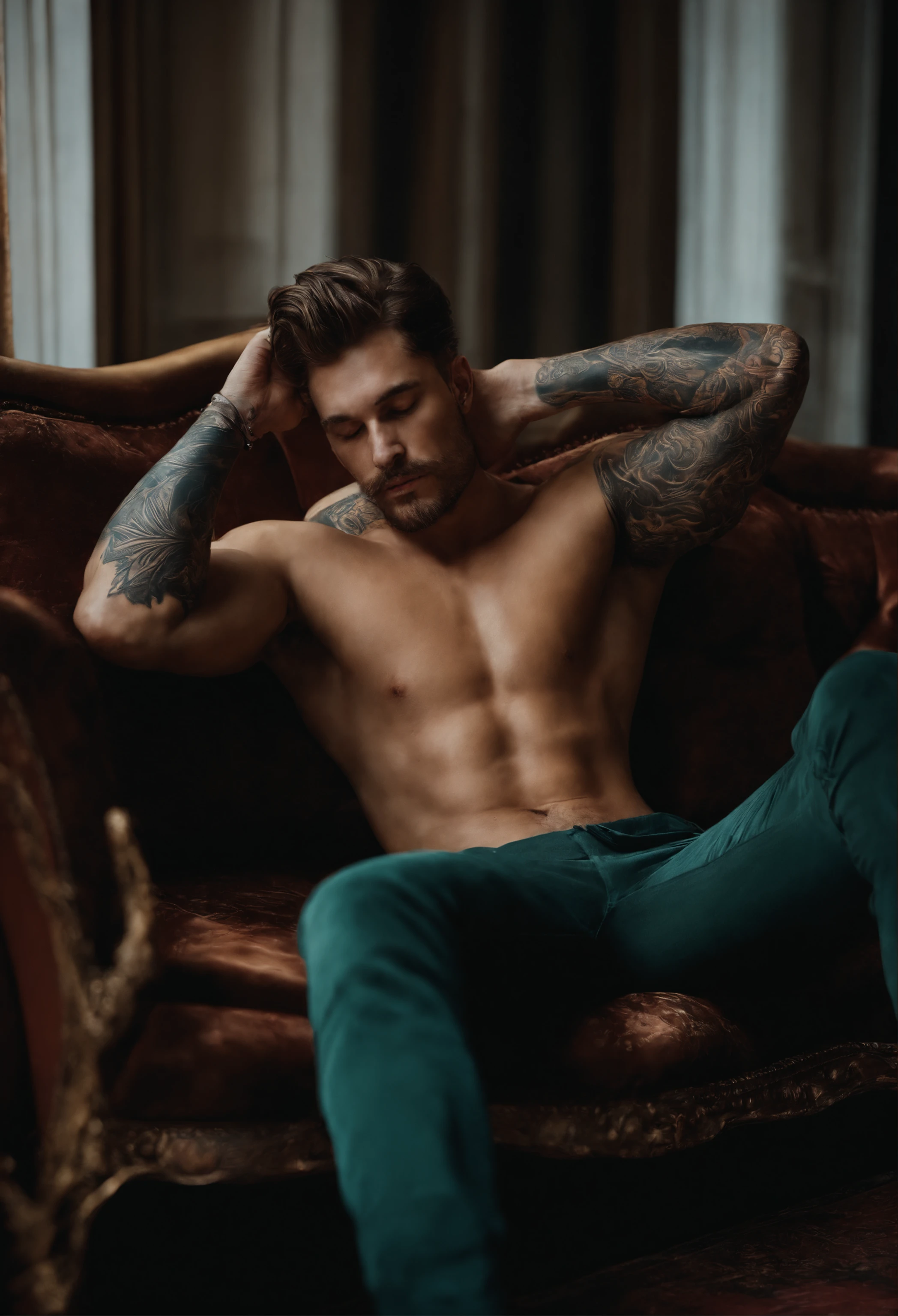 A man laying on a couch with a tattoo on his arm, a bronze sculpture by Alexander Kucharsky, Tumblr, rococo, masculine, handsome, sensual