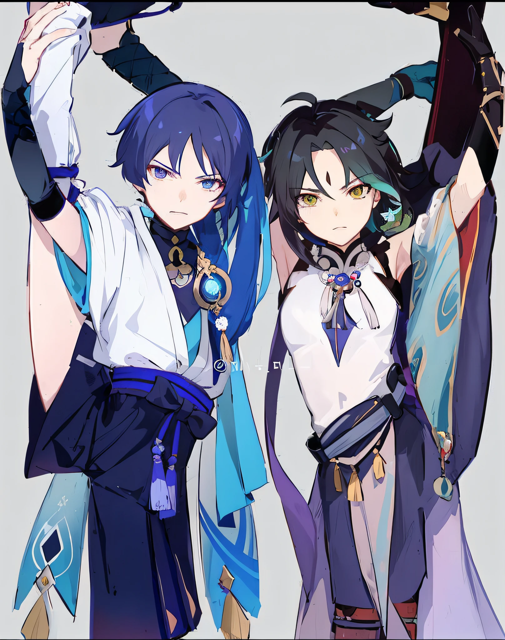 two anime characters are standing next to each other, Hidari e Vlop, Keqing de Genshin Impact, Sirius A e Sirius B, Genshin, dois homens bonitos do anime, Zhongli, Genshin Impact, anime em estilo fantasia, Personagem Genshin Impact, estilo de impacto Genshin, hero 2 d fanart artsation, 2 d estilo anime