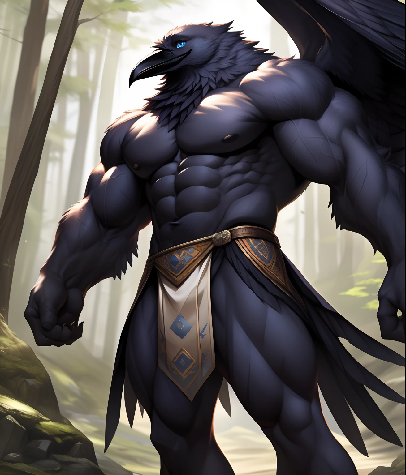 nj5furry, (raven, wings, sin camisa, cuerpo en forma de V, Topless, sin camisa)), plumaje negro, bulto en la entrepierna, ((cuerpo completo)) masculino, kemono, ((Sombras extremadamente realistas, Obra maestra, extremadamente detallado, fotorrealista), ((raven)), pectorales masivos y muy musculosos, fuerte, macho maduro, postura de culturismo, expresion amigable, sonrisa traviesa, Cara detallada, guapo, enorme, cuerpo musculoso y masivo, pectorales abultados, abdominales musculosos, cintura estrecha, alas largas, pmumas negras, ojos azules, ojos grandes, Wear a small blue loincloth of torn fabric, Mountain forest.