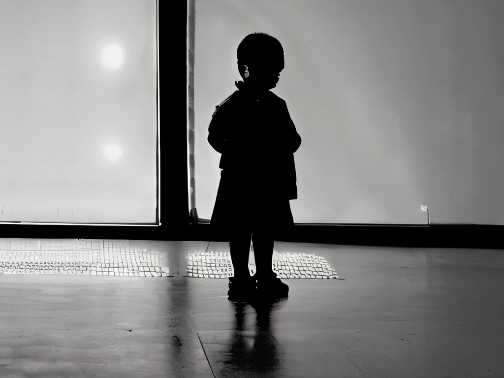 Black and white photo,White background,Black silhouette of child,Solitude,photorealestic