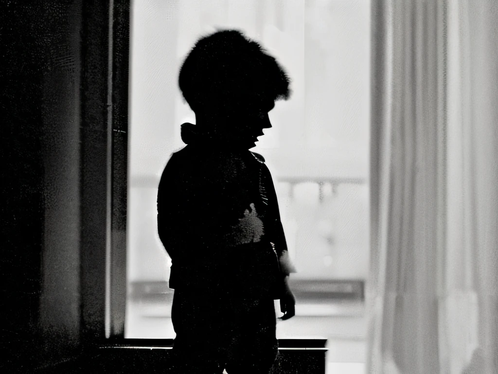 Black and white photo,White background,Black silhouette of child,Solitude,photorealestic