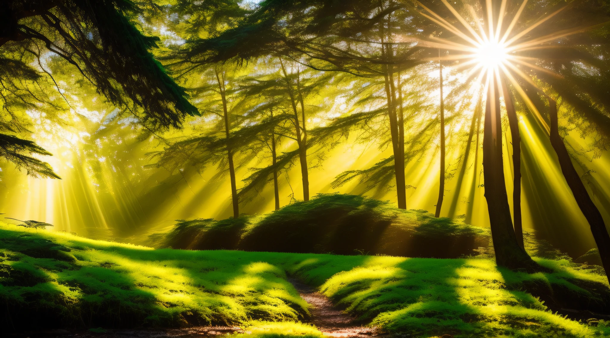 Uma imagem de um riacho cristalino fluindo suavemente por uma floresta exuberante, symbolizing the fluidity of life and the abundance that is always available to those who believe. It can include rays of sunshine that illuminate the scenery, representando a luz divina