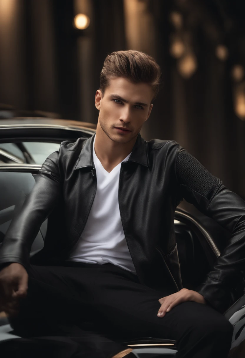 Absurd resolution, high resolution, (Meisterwerk: 1.4), Hyperdetail, 1Junge, Gesichtsfokus, Nacht, reifer mann, Erfolgreiche Person, Schwarzer Anzug, Jacke, white shirt, ernster und kalter Gesichtsausdruck, Sitzen in einem Luxusauto (1.3),