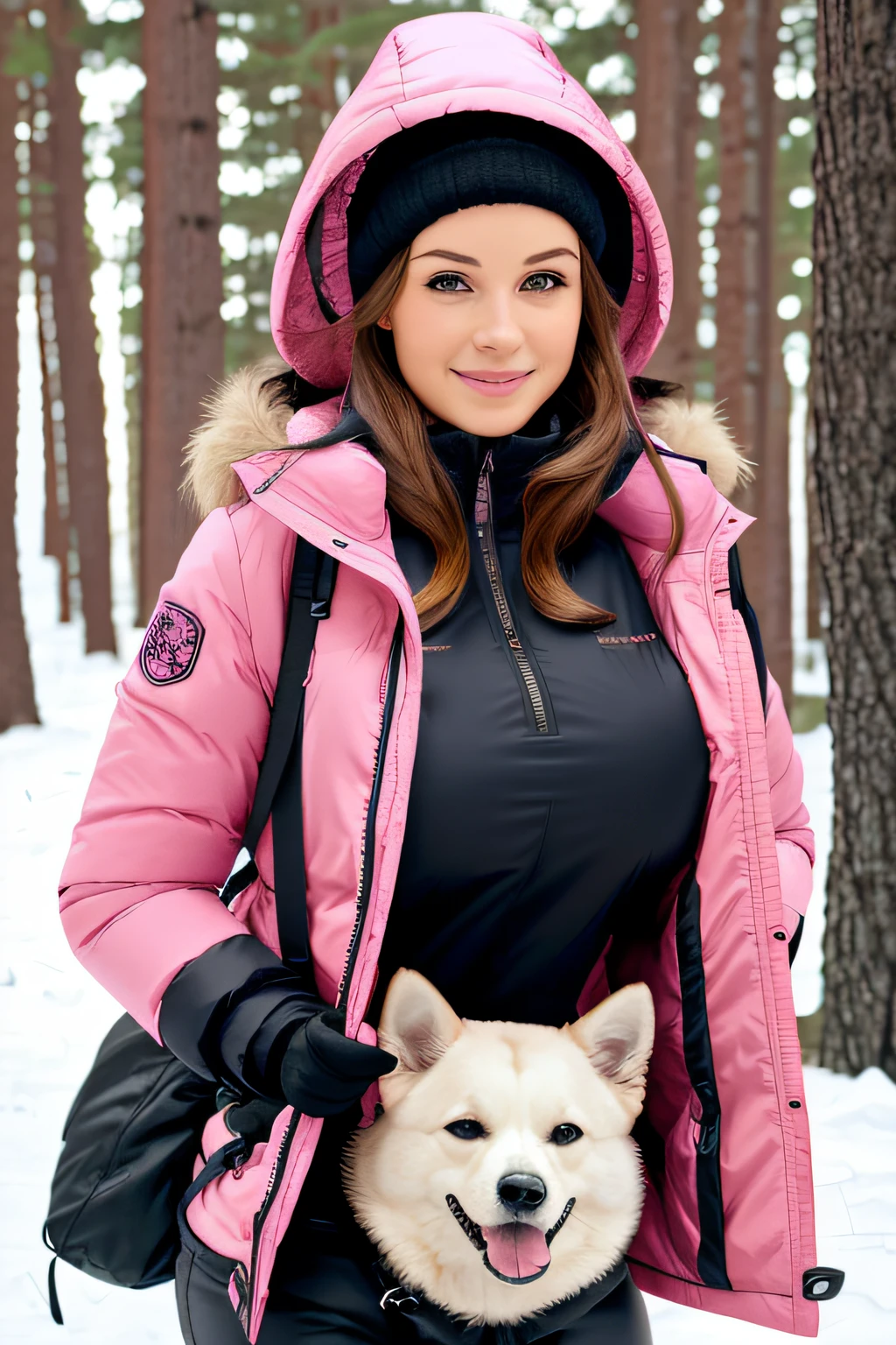 Make a woman with big breast, Pink long winterjacket , with open zipper, with face, body, Forrest, travel bag, black pants, camper, dog