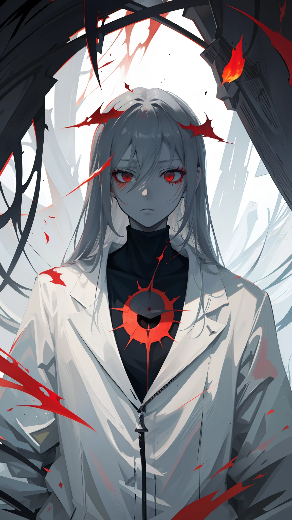 2d Flat Anime. High quality. 8k. Red eyes. Grey skin. Sword. Excalibur. Grey skin. Black melted makeup. Windy. Autumn. Spirit. Equilibrium