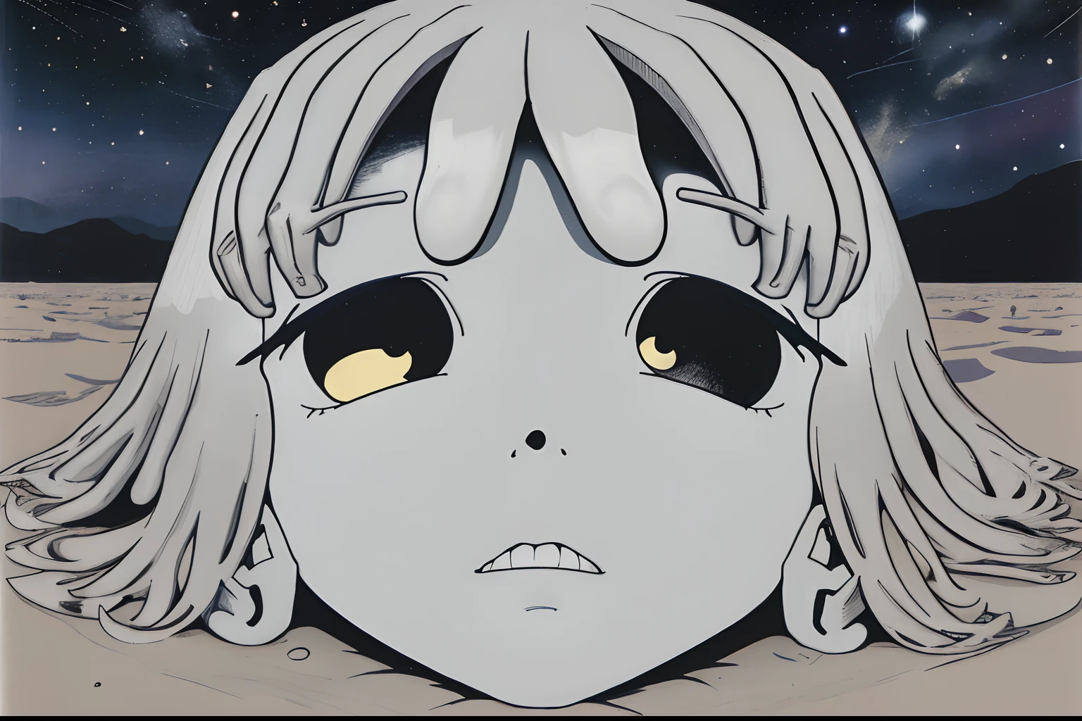 (superflat, flat shading, flat colors:1.1), 1girl, naked, nipple, lying in a desert, closeup face, anime, zdzislaw beksinski, jacek yerka, hr giger, kazimir malevich, cold, starry skies, cosmos, tribal, dark