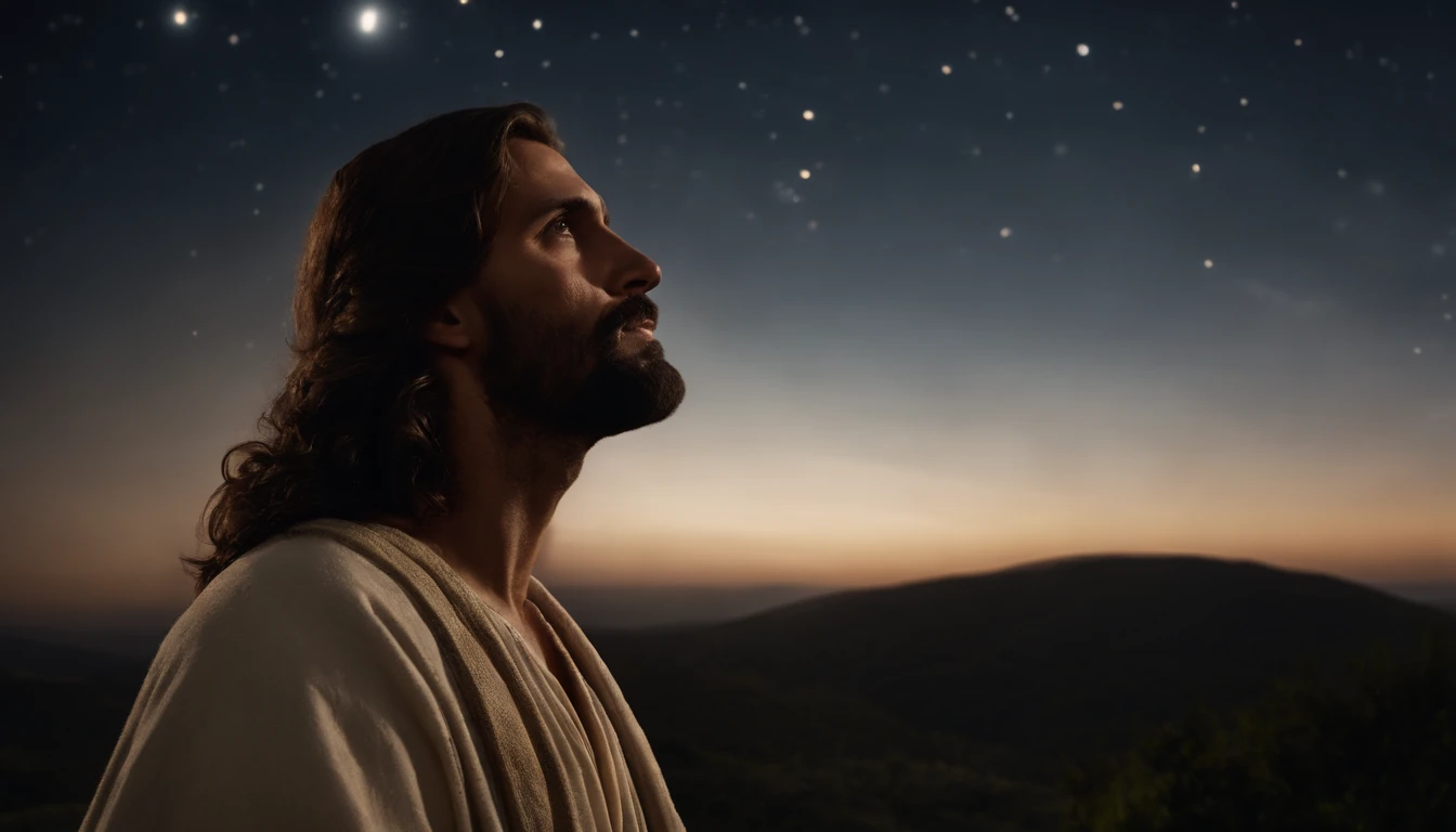 Jesus rezando no monte das oliveiras, Looking Up The Sky, noite, luz do luar. Arte sacra