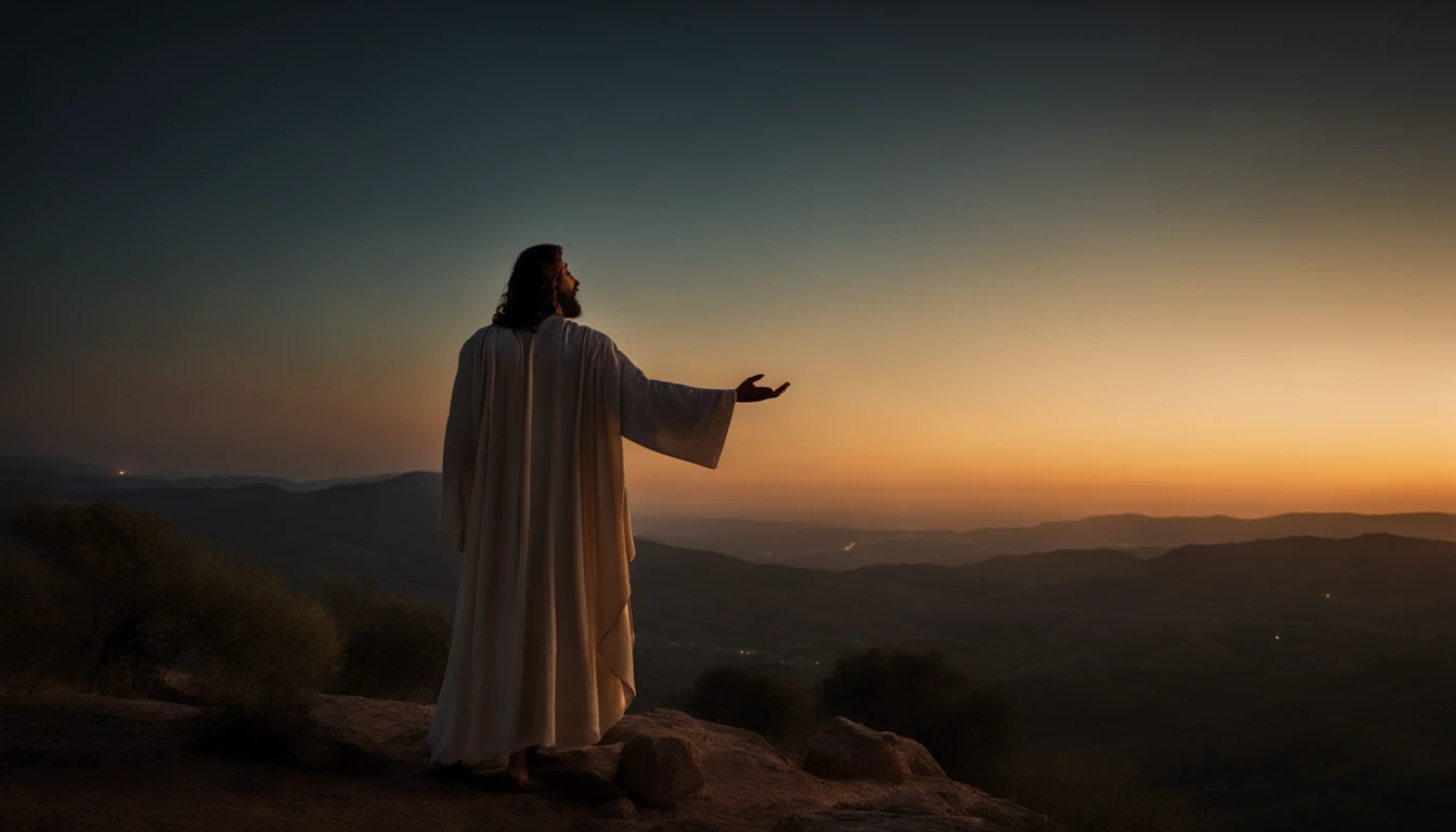 Jesus rezando no monte das oliveiras, Looking Up The Sky, noite, luz do luar. Arte sacra