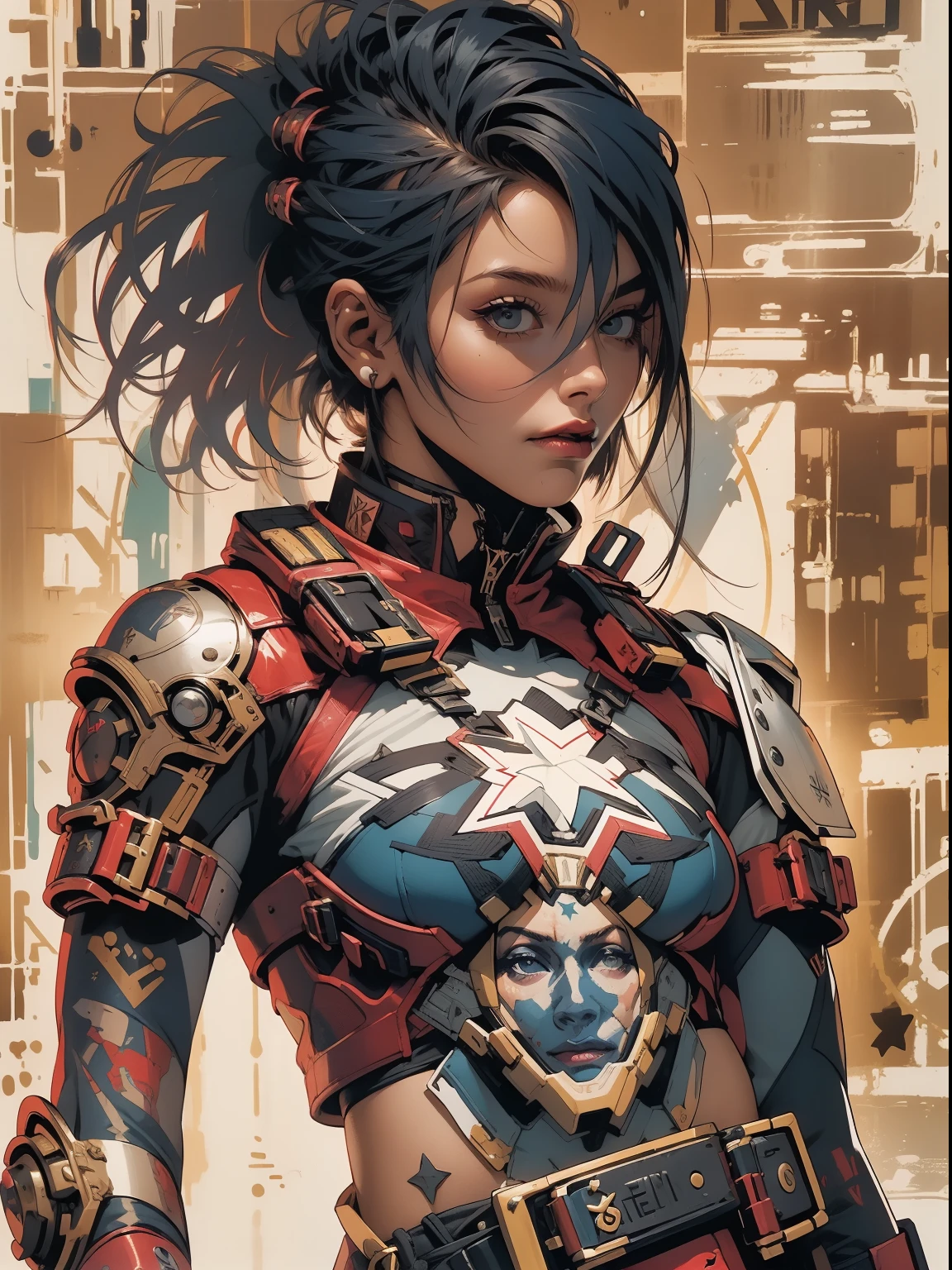 (((mulher))), (((melhor qualidade))), (((obra prima))), (((adulto))), (((1girl))), ((( corte de cabelo bob ))), Uma gladiadora cyberpunk mulher de 25 anos com corpo perfeito, shoulder pads with metal spines, Gladiadores do Brooklyn, (( corte de cabelo bob )), tiny leather panties, camiseta de time de rugby rasgada, quase nua no estilo selvagem urbano de Simon Bisley para a capa da revista Heavy Metal, Cabelo loiro curto, Minimum clothing, Metal protection on the left arm with intricate graphics, Dark red with white stars and white and navy blue checkerboard pattern, armadura, cheio de pontas e rebites, (((do joelho pra cima))), cabelos loiro branco curto, no fundo uma parede pintada por Shepard Fairey com um design intrincado
