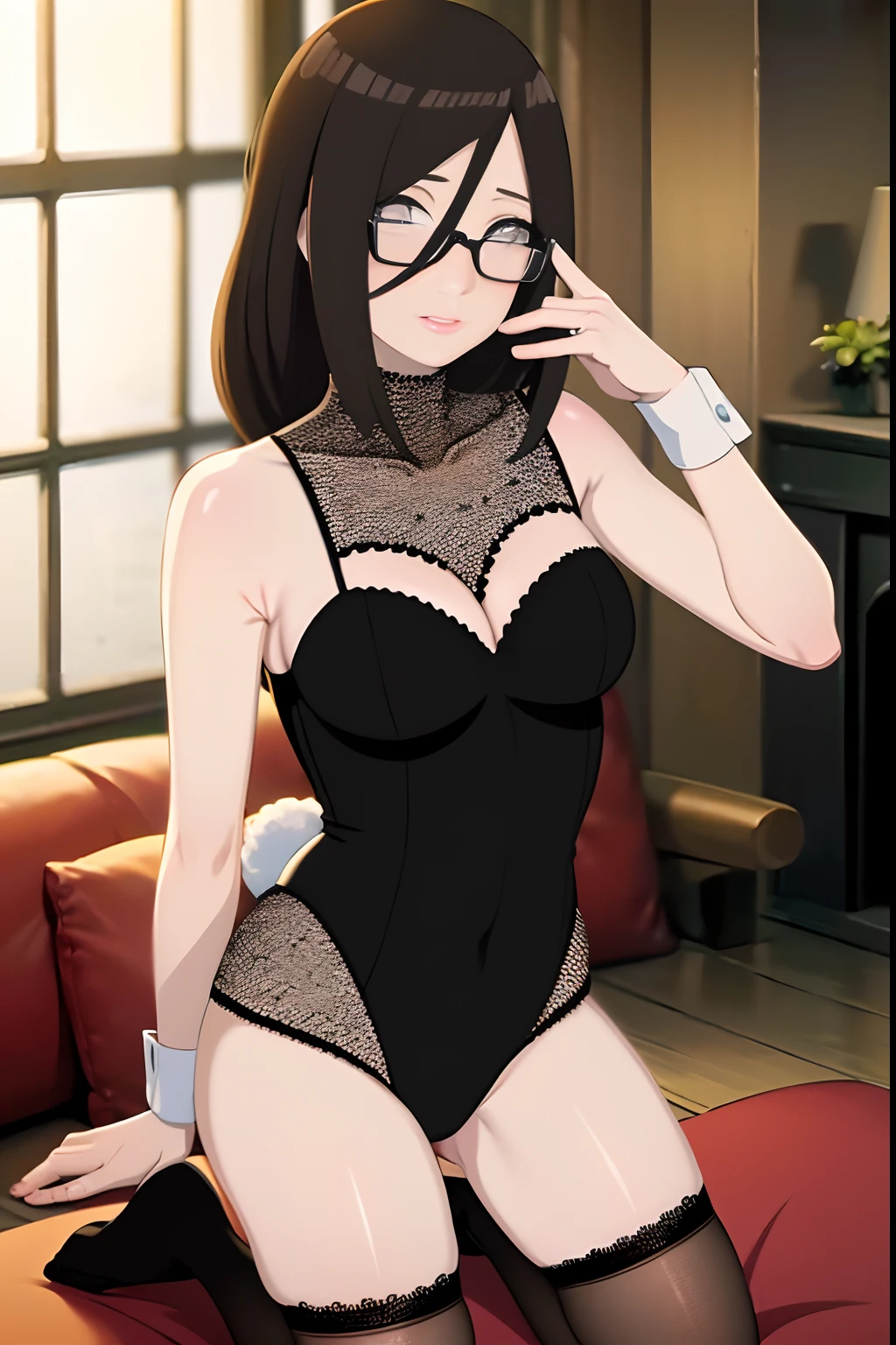 Masterpiece, Highly detailed, Best quality, 超高分辨率, 1girll, Solo, (Snow outside the window,By the fire,perspire,Be red in the face),(Medium breasts), Breasts, (Hana than Hinata:1), (Bunny girl outfit,Long black stockings,Black half-rimmed glasses,Kneeling position), cleavage, From the front side,sitted,on a sofa,Black eyes,White eyes white