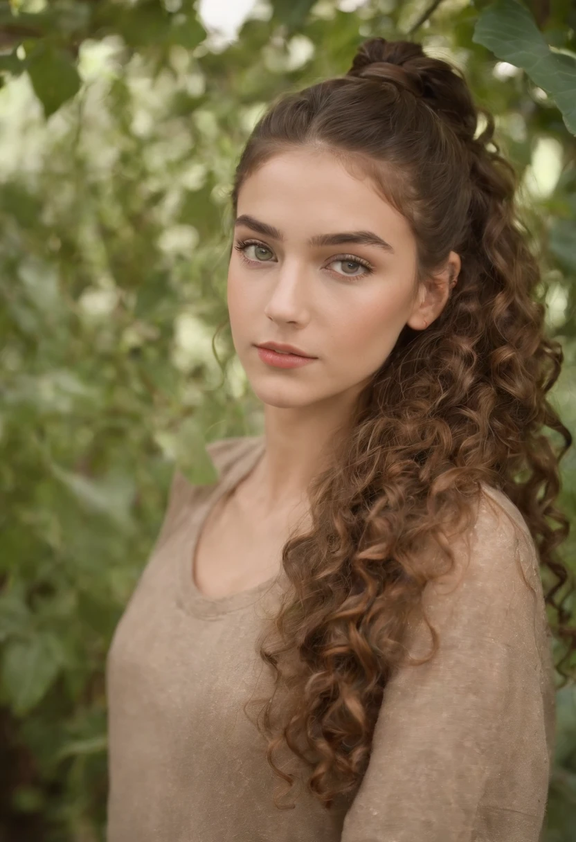 Garota de 14 anos que tem um cabelo castanho , Well curly and long he has leaf-green eyes and is wearing a ponytail as a hairstyle. No fundo, uma cafeteria dos anos 80's