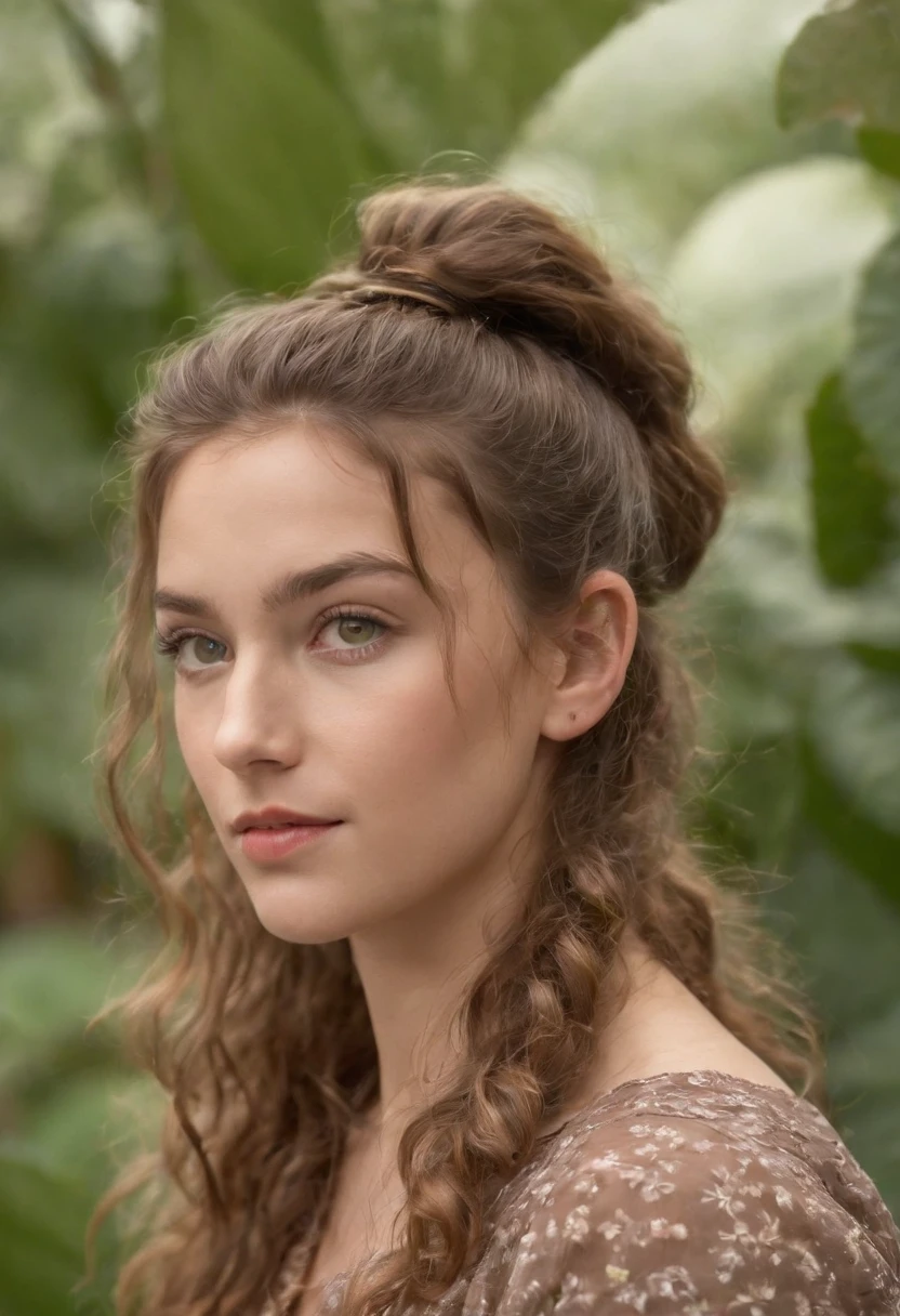 Garota de 14 anos que tem um cabelo castanho , Well curly and long he has leaf-green eyes and is wearing a ponytail as a hairstyle. No fundo, uma cafeteria dos anos 80's