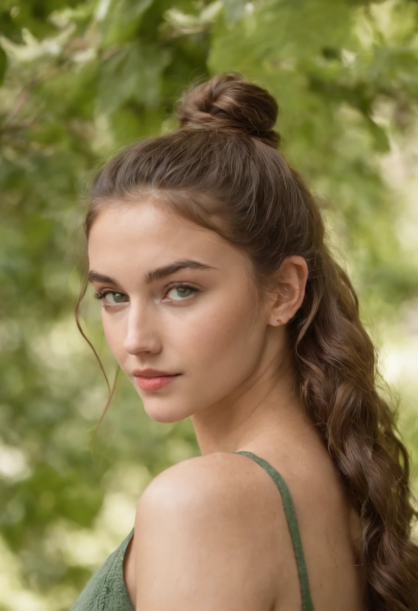 Garota de anos que tem um cabelo castanho , Well curly and long he has leaf-green eyes and is wearing a ponytail as a hairstyle. No fundo, uma cafeteria dos anos 80's