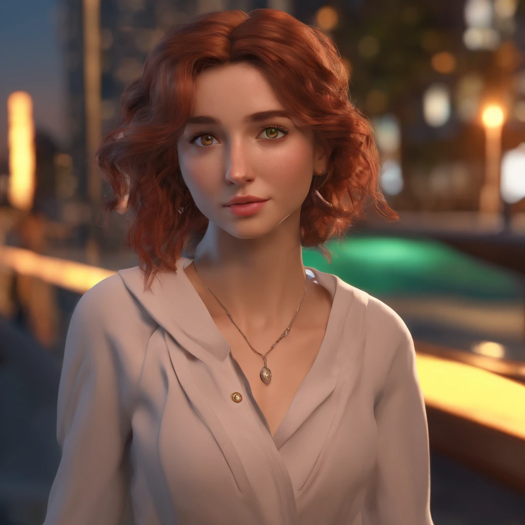 ((Masterpiece), best quality, HDR,UHD,8K), late at night ,dark sky, life-like realistic portrait of a beautiful sad girl with green eyes , curly red hair, white skin, feeling sadly with tears in her eyes, a black bracelet on her hand ,full body, standing on roof of a high apartment with a view of a big city, a light breeze, hyper resolution, extremely detailed , beautiful eyes, cute face