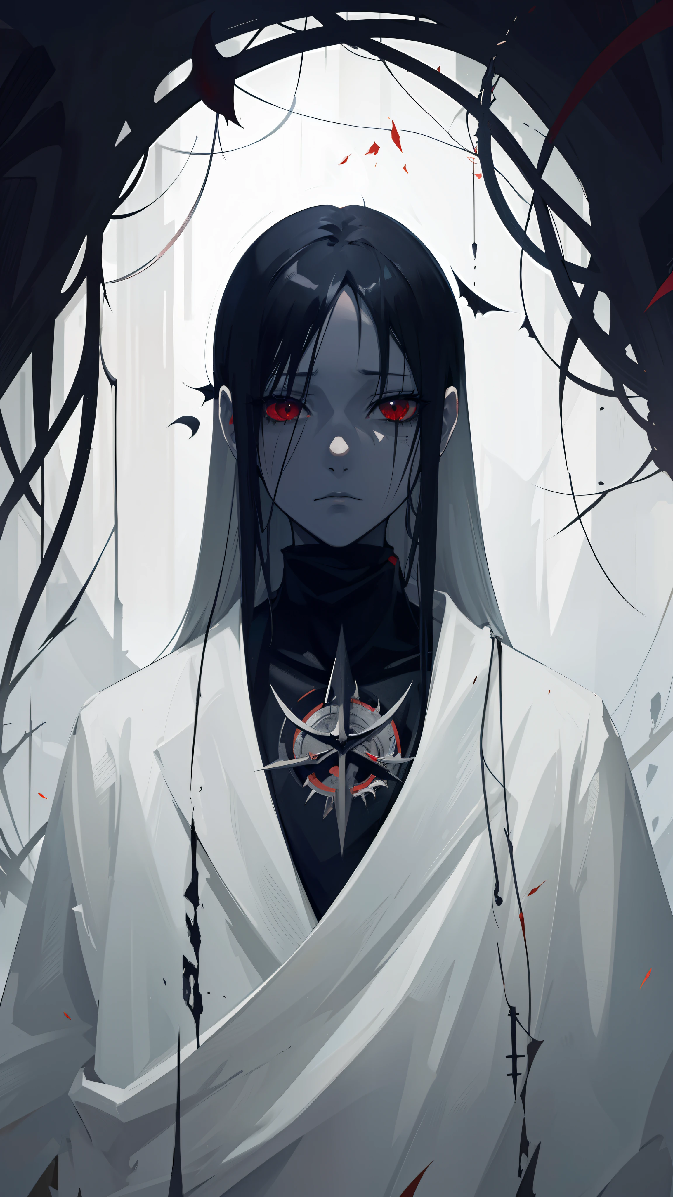 2d Flat Anime. High quality. 8k. Red eyes. Grey skin. Sword. Excalibur. Grey skin. Black melted makeup. Windy. Autumn. Spirit. Equilibrium