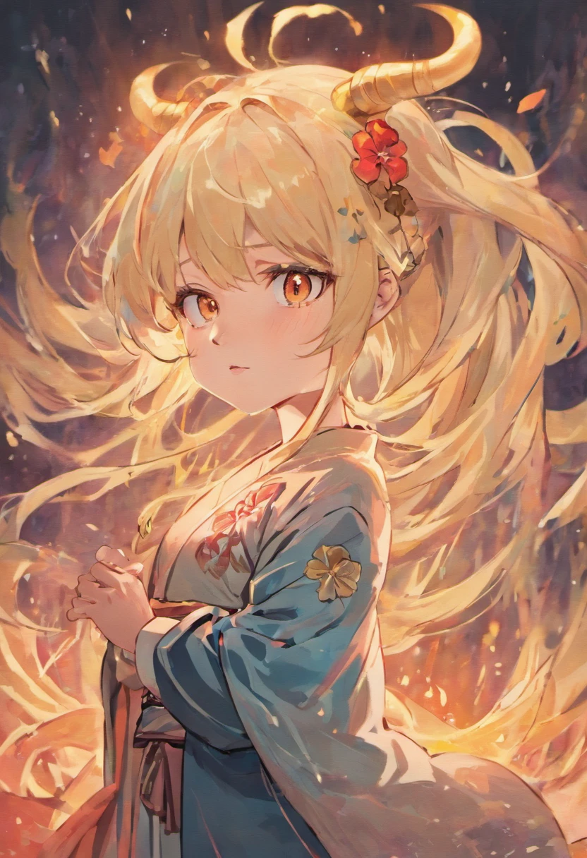 Anime boy. BLONDE HAIR THAT FADES INTO PEACH, long hair In ponytail. horns and traditional Japanese wear. BIG, VIBRANT ORANGE EYES. GOD. MANLY MAN.