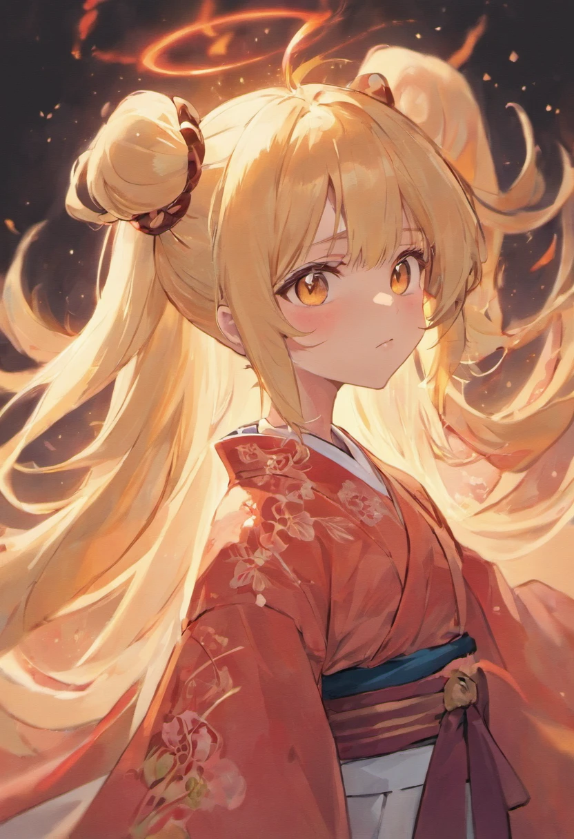 Anime boy. BLONDE HAIR THAT FADES INTO PEACH, long hair In ponytail. horns and traditional Japanese wear. BIG, VIBRANT ORANGE EYES. GOD. MANLY MAN.