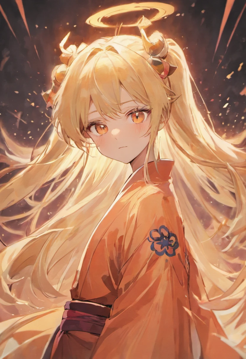 Anime boy. BLONDE HAIR THAT FADES INTO PEACH, long hair In ponytail. horns and traditional Japanese wear. BIG, VIBRANT ORANGE EYES. GOD. MANLY MAN.