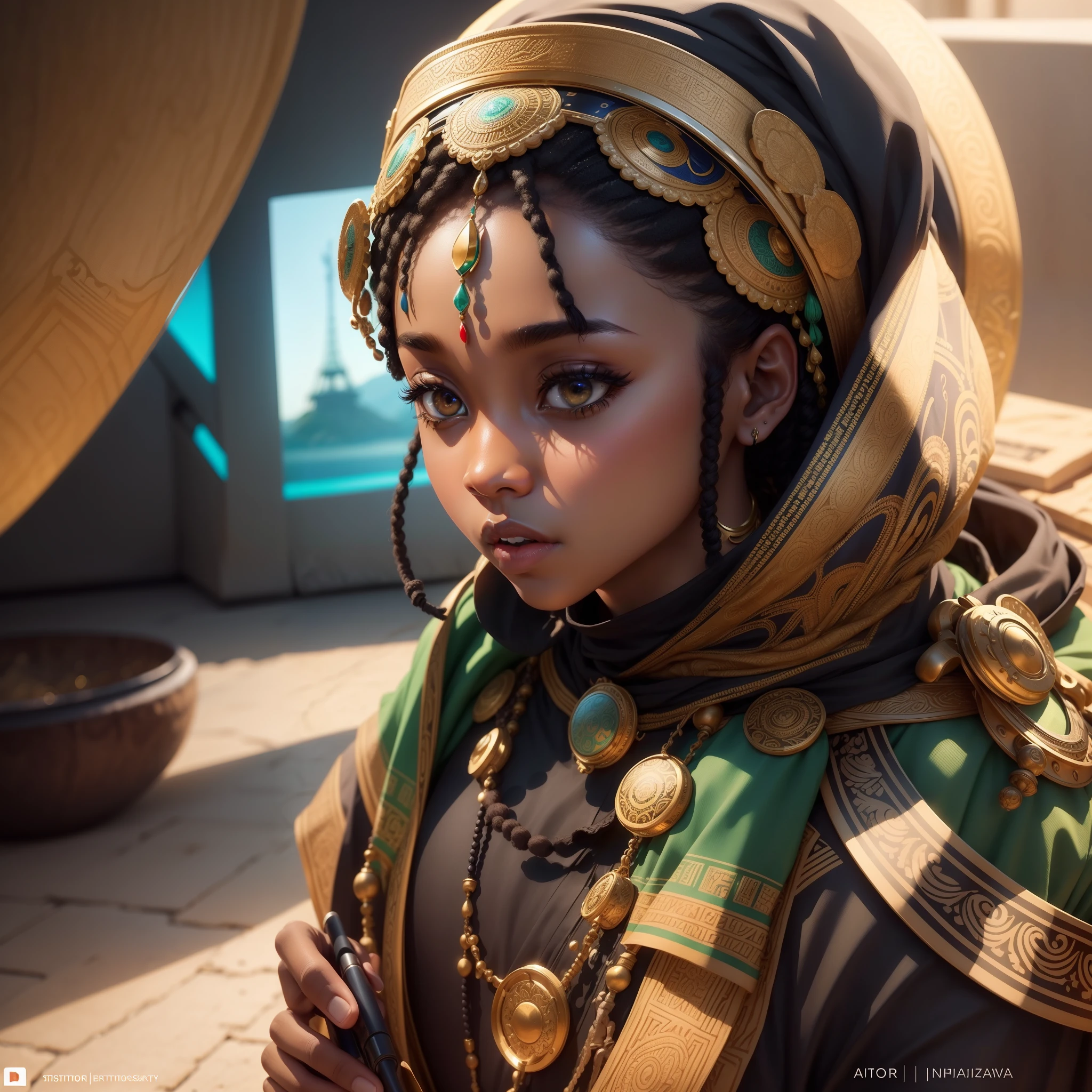 Create a captivating profile picture for our YouTube channel that visually combines elements of AI technology, Nigerian heritage, and African history. Use colors and imagery that convey a sense of curiosity and exploration. Make sure the picture has the watermark "AfricanstoriesAi"