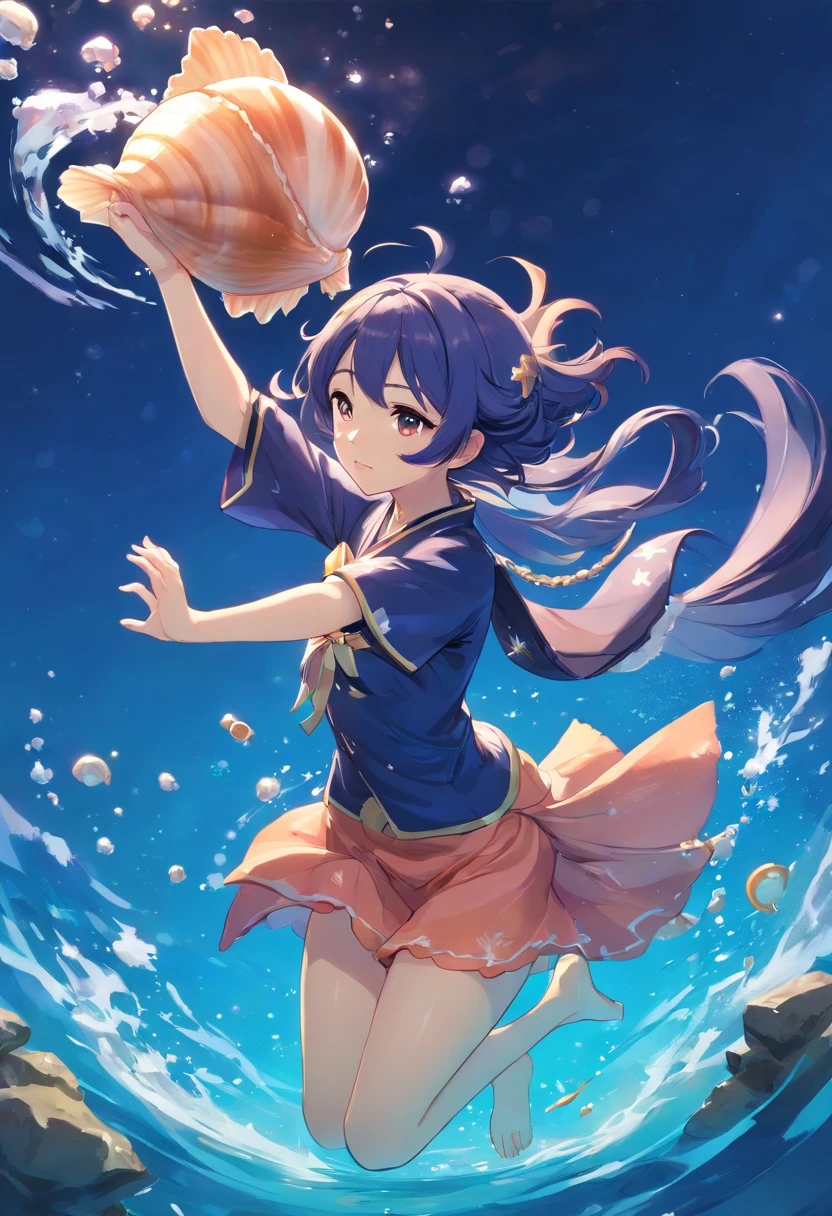 A genshin impact style girl with Japanese-style clothes diving into the water with a seashell in hand. His eyes are dark blue and starry with salmon-colored hair, her hair is very long