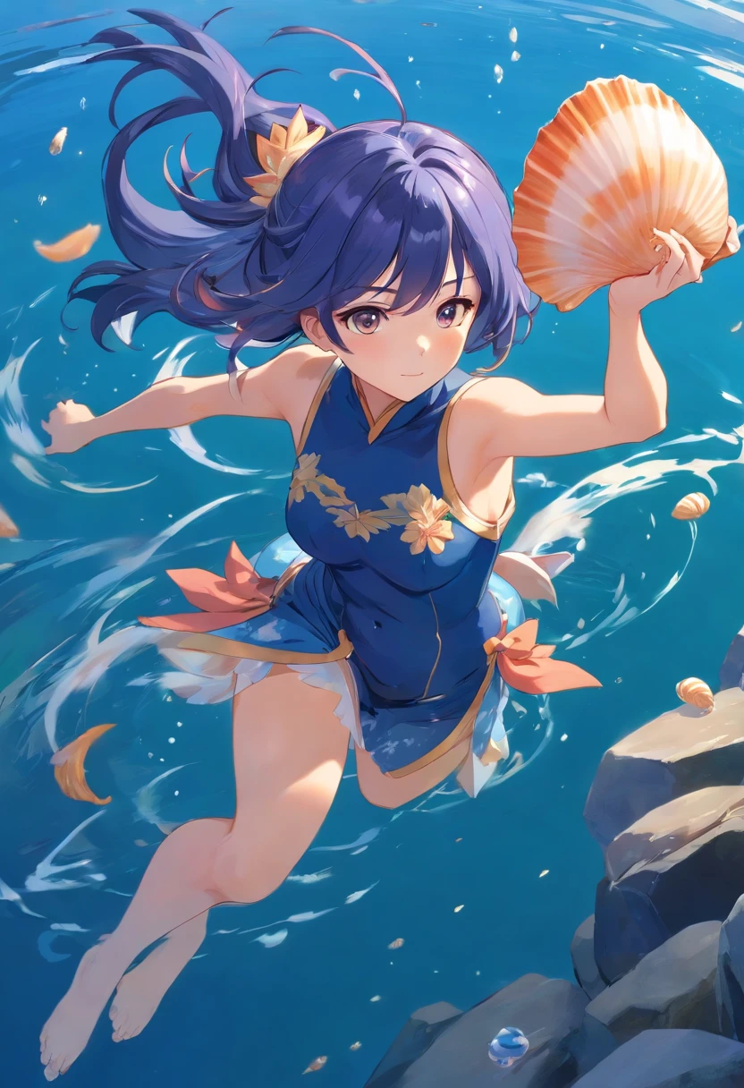 A genshin impact style girl with Japanese-style clothes diving into the water with a seashell in hand. His eyes are dark blue and starry with salmon-colored hair, her hair is very long