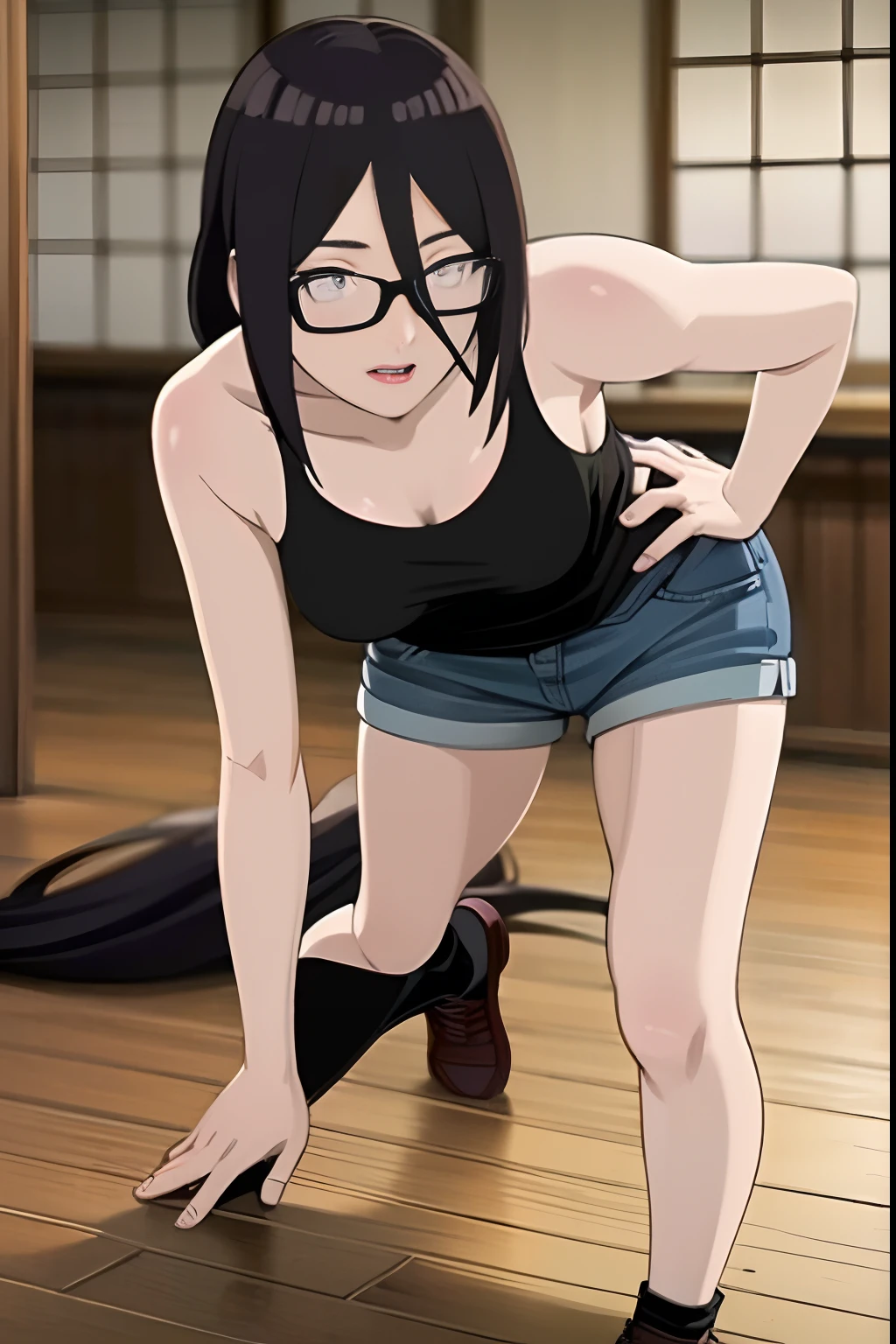 Masterpiece, Highly detailed, Best quality, 超高分辨率, 1girll, Solo, (bent over), (Small breasts), Breasts, (over-size shirt,Neckline opening,Black half-rimmed glasses ), (Hana than Hinata:1), (Shorts | Pants | Miniskirt), cleavage, from the front side,(Outdoors,raining day)