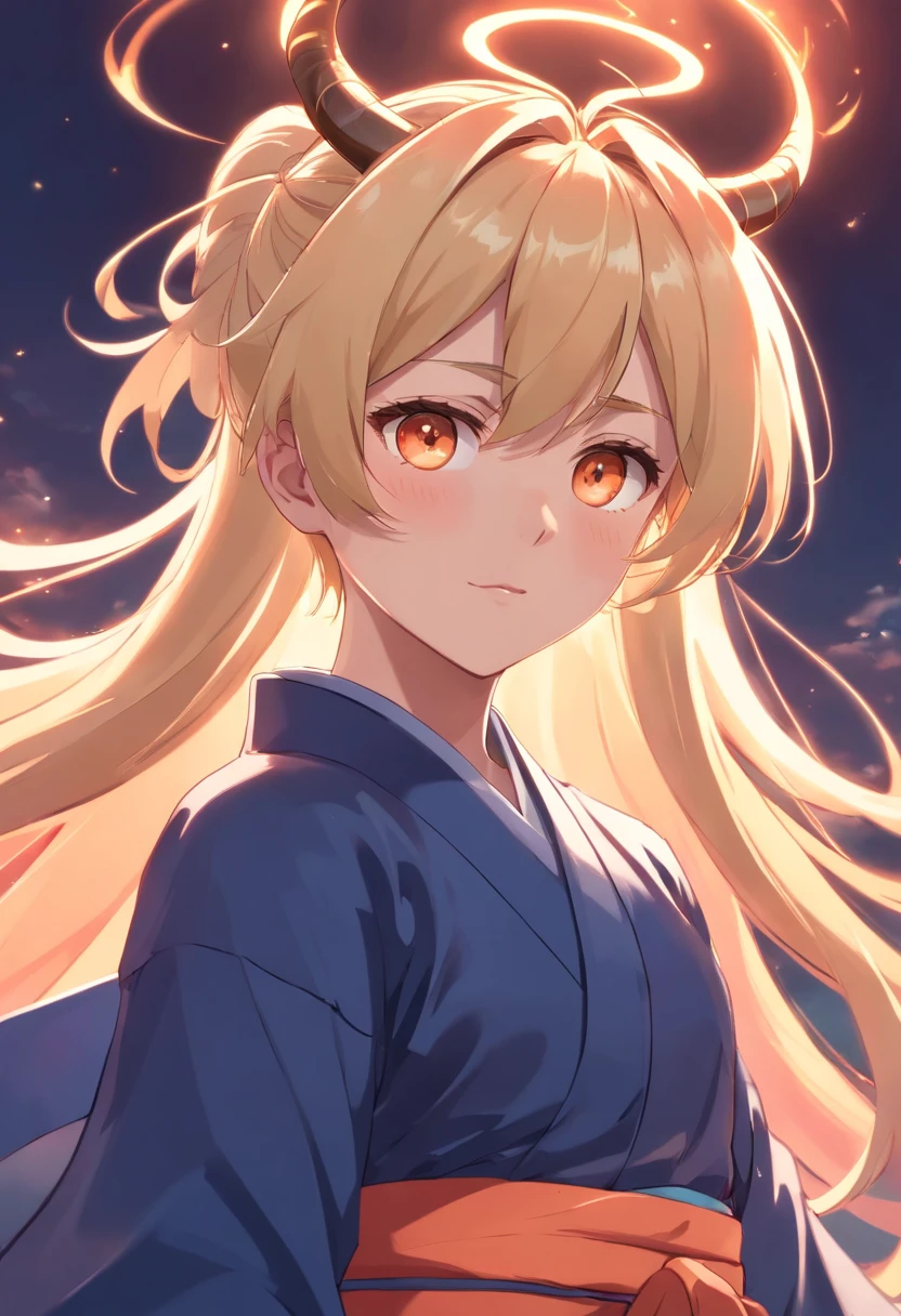 Anime boy. BLONDE HAIR THAT FADES INTO PEACH, long hair In ponytail. horns and traditional Japanese wear. BIG, VIBRANT ORANGE EYES. GOD. MANLY MAN.