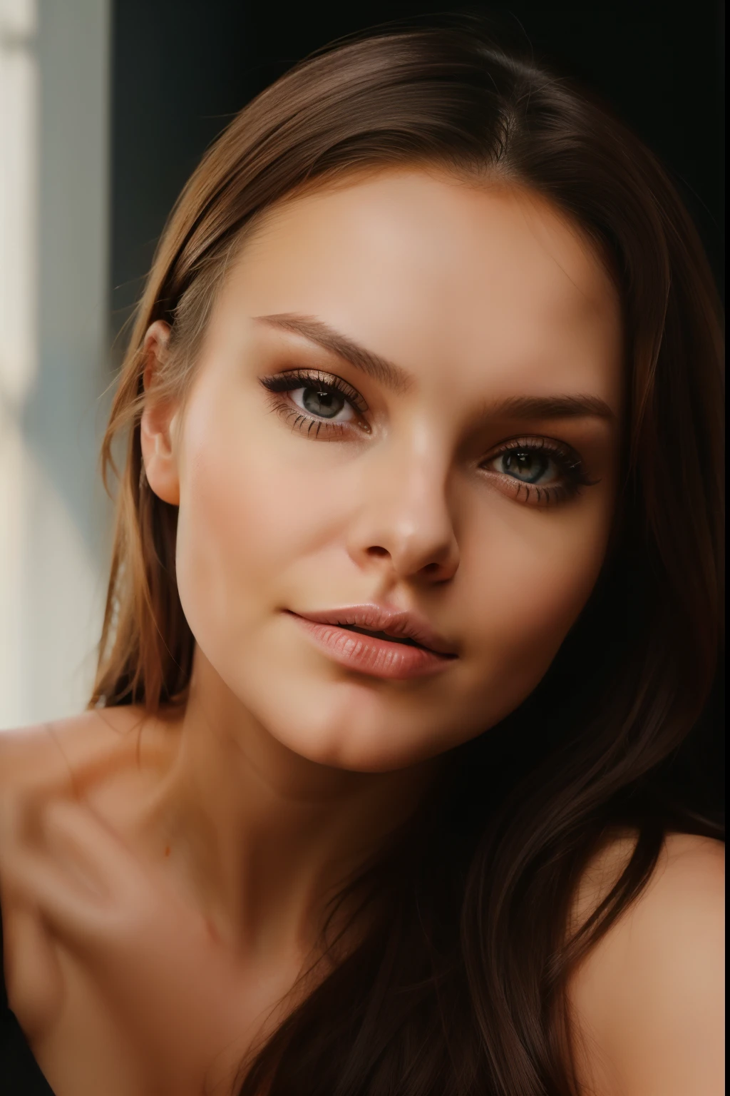 Shoot a portrait of a curvy russian looking straing at the camera, face only shot. hyper realistic face, realistic skin and texture. Lighting to lay emphasis on skin and texture.