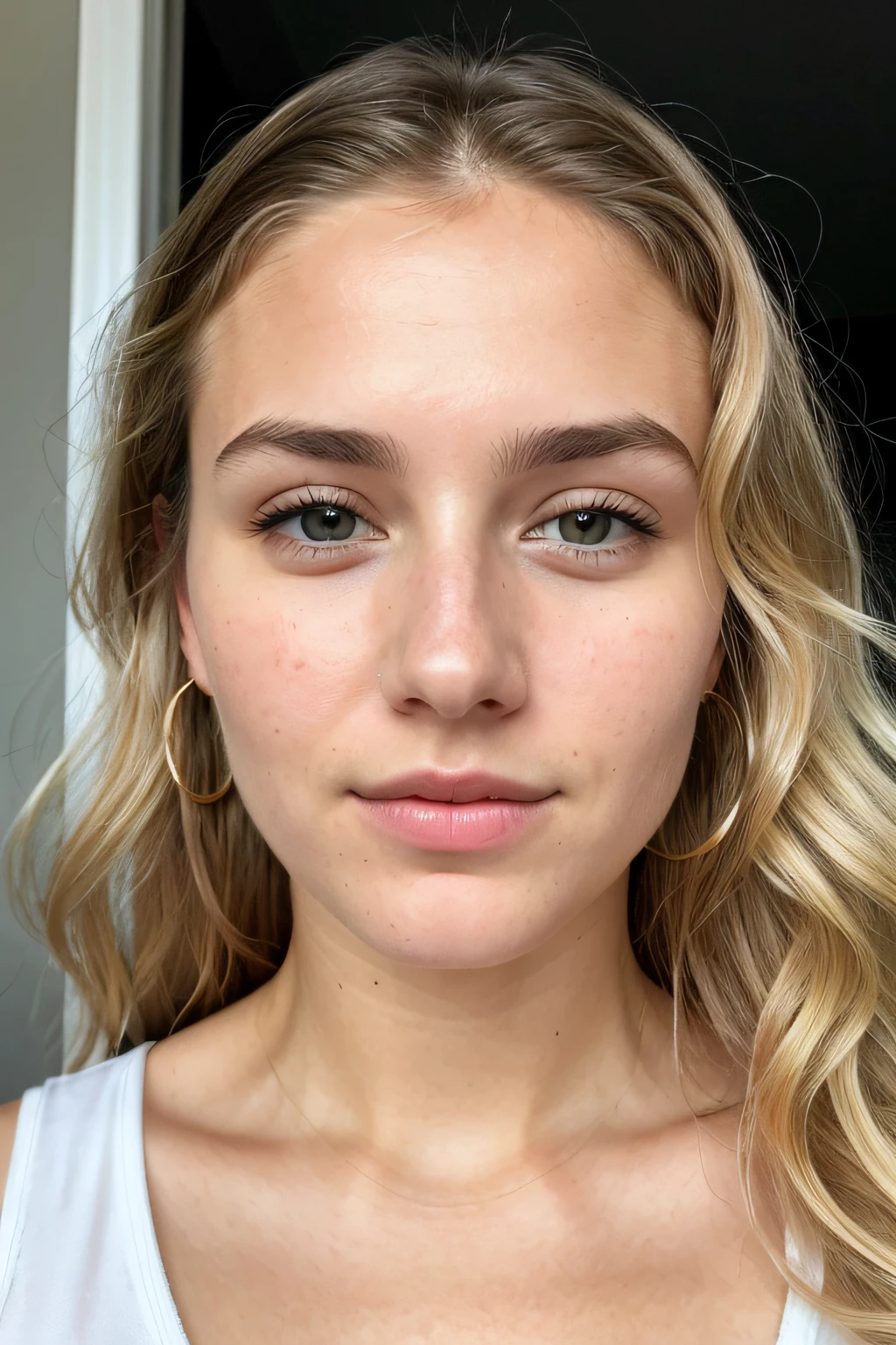 8k, ultra fine detailed hd, passport photo, portait photo, 1woman 24 years old light blonde curly hair tied, hair tied from back, ultra hd, detailed skin, porous skin texture, stunning beautiful face, realistic face, imperfect nose, sharpness:1.3, looking into camera, deep eye details, sharp, canon, f:1.4, hazel eyes, white skin