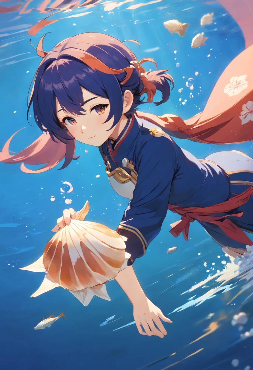 A genshin impact style woman with Japanese-style clothes diving into the water with a shell in hand. His eyes are dark blue and starry with salmon-colored hair, her hair is very long