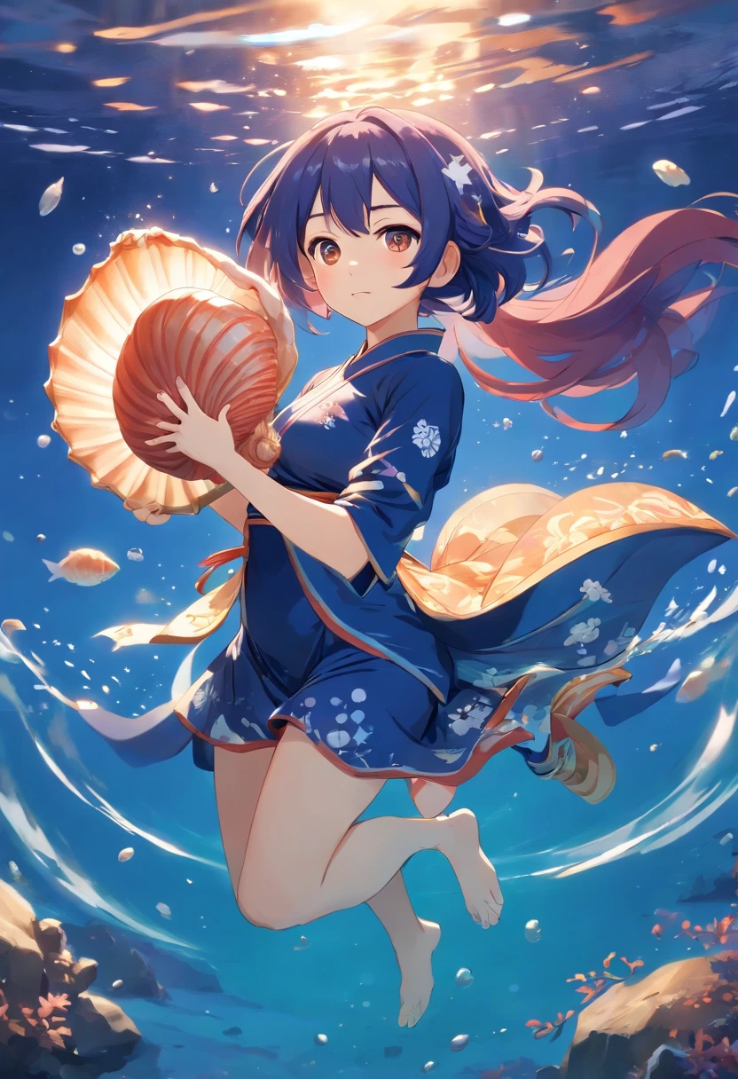 A genshin impact style woman with Japanese-style clothes diving into the water with a shell in hand. His eyes are dark blue and starry with salmon-colored hair, her hair is very long