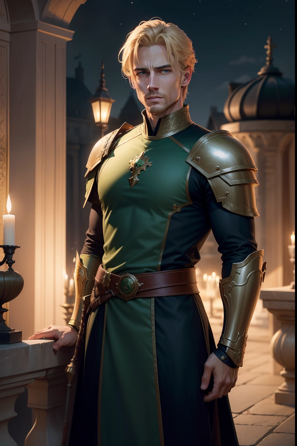 Realistic 8K image of a handsome man in his early 30s, blond hair with short, strong hair, extremely detailed green eyes, dressed in dark clerical clothing and with dark green RPG warrior style shoulder pads, serious expression, on an outdoor balcony of a royal palace , Night, anime style art