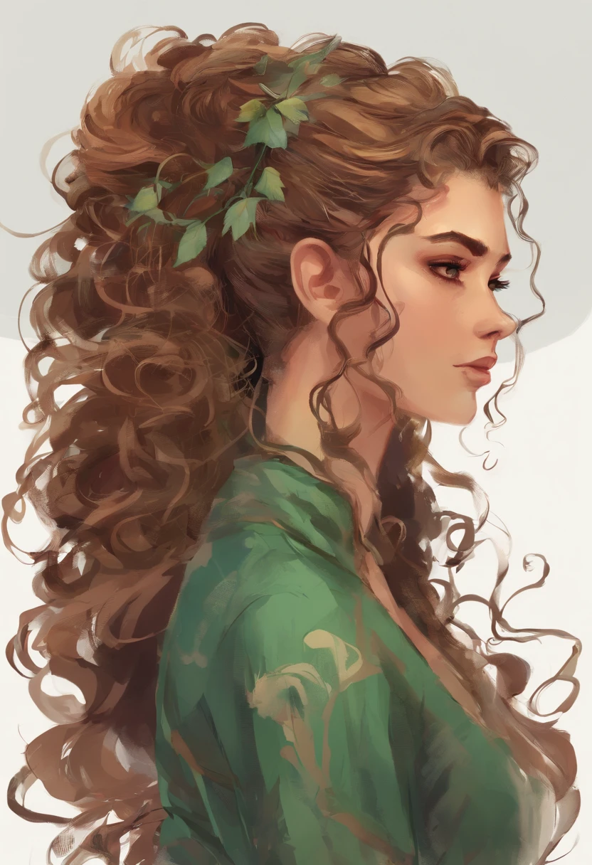 Garota de 14 anos que tem um cabelo castanho , Well curly and long he has leaf-green eyes and is wearing a ponytail as a hairstyle.