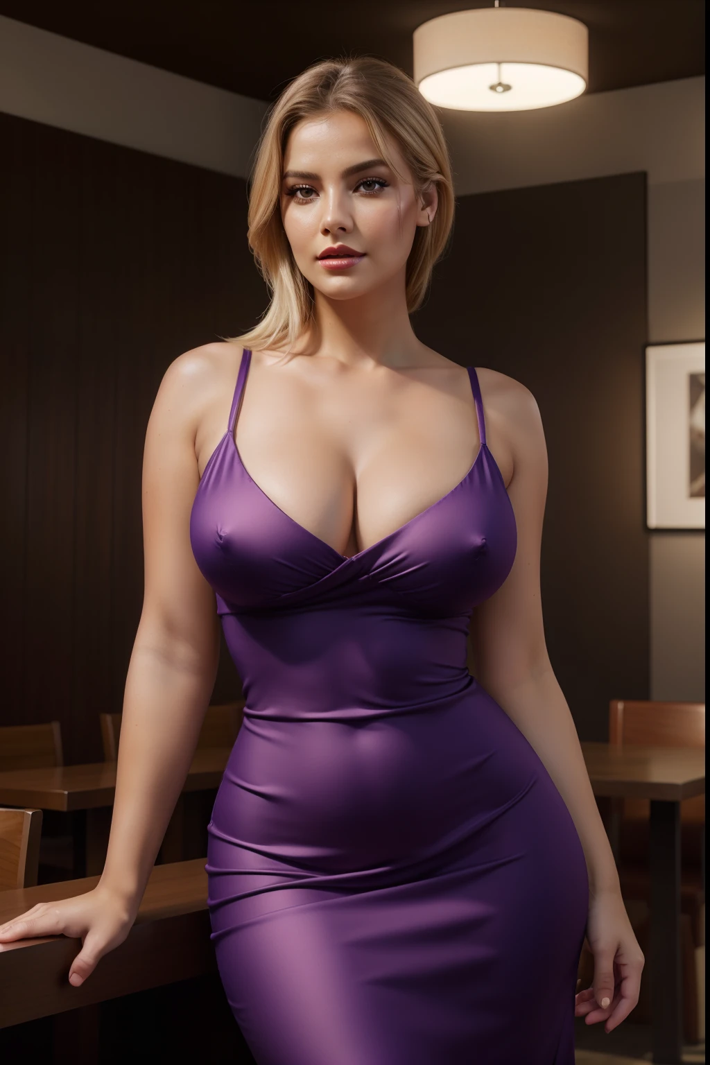 Milf plus size Loira sueca, corpo plus size, usando vestido curto elegante roxo, corpo inteiro, interior de um restaurante, fundo desfocado, blonde hair, Cabelos Longos, olhos azuis, bimbo lips, red lips, ((roxo um vestido)), Left shoulder strap revealing your breat, Visible neckline, renderizado, fotografia, master part, Vista traseira destacando a bunda, Realistic, Realismo, renderizado, Alto contraste, digital art Trendy rendering in Art station 8k HD high definition detailed realistic, circunstanciado, textura da pele, hiper detalhado, textura de pele realista, armadura, melhor qualidade, ultra high-resolution, (renderizado: 1.4), extremely high-resolution, circunstanciado, Foto RAW, sharp re, by Lee Jeffries Nikon D850 Film Stock Photography 4 Kodak Portra 400 Camera F1 Lens.6 Rich Colors Hyper Realistic Texture Dramatic Realistic Lighting Unreal Engine Trend in Art Station Cinestill 800, beautiful areolas.