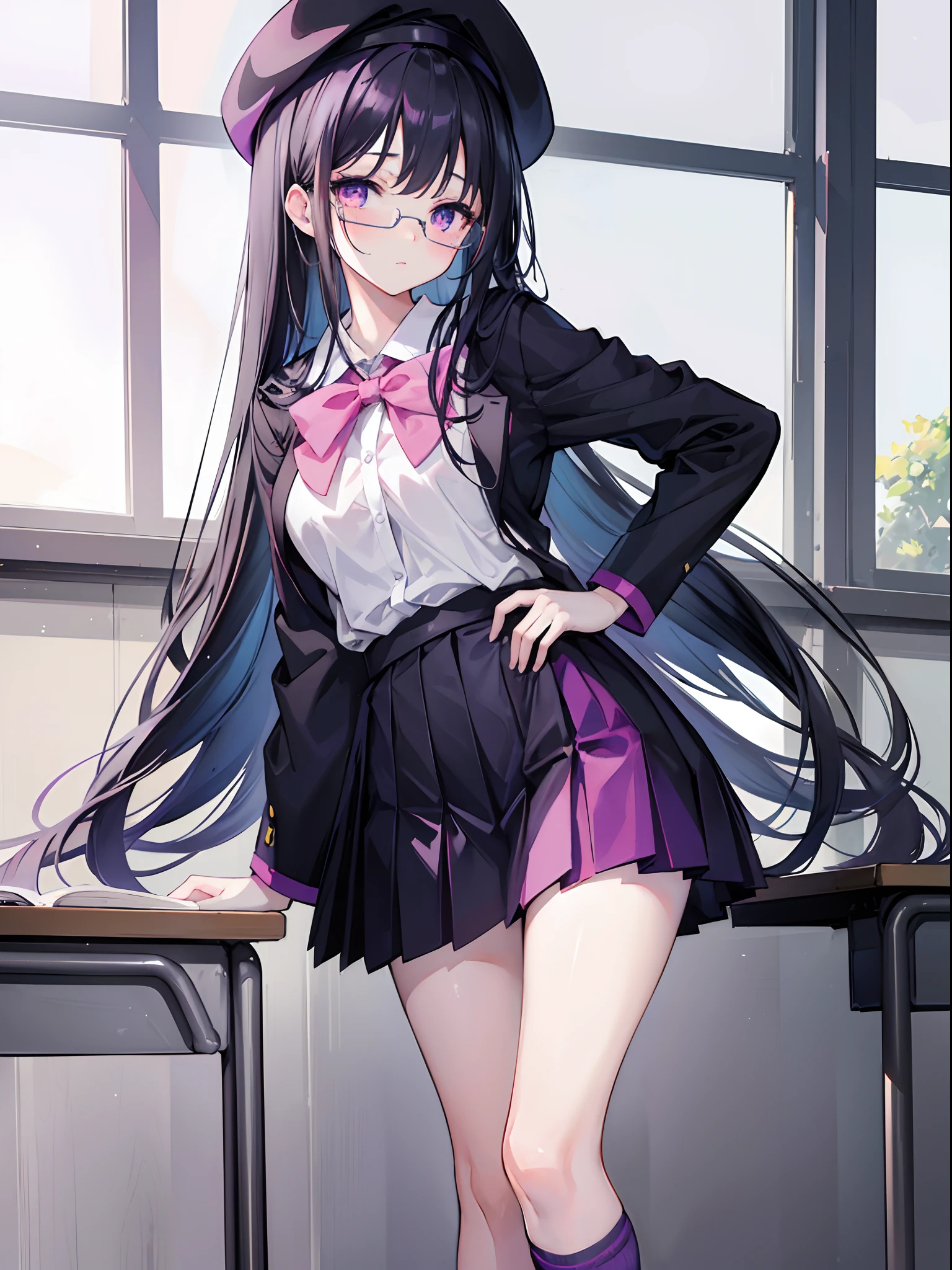 (((Stretch your legs and stick your butt out)))、((Shiny underwear)))、Uniform Blazer、Beautiful beauty、Long purple hair、Glasses、((whole body))、(((Photo taken from below)))、School、classroom、Large Breastini skirt、Panties are black lace、Japanese、expensive、Long limbs、hairstyle semi long、18-year-old