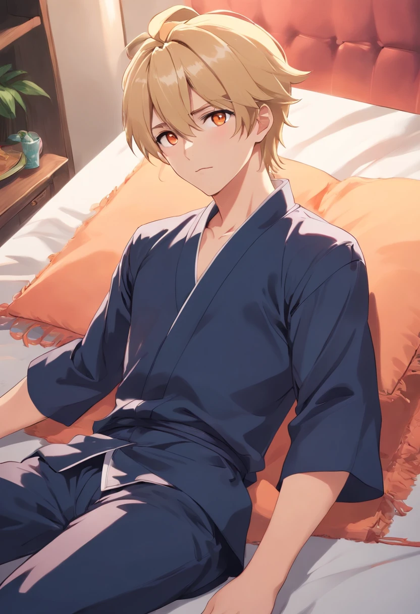 Anime boy. BLONDE HAIR THAT FADES INTO PEACH, long hair In ponytail. Dark horns and traditional black Japanese wear. BIG, VIBRANT ORANGE EYES. GOD. MANLY MAN. Laying down on futon, legs open