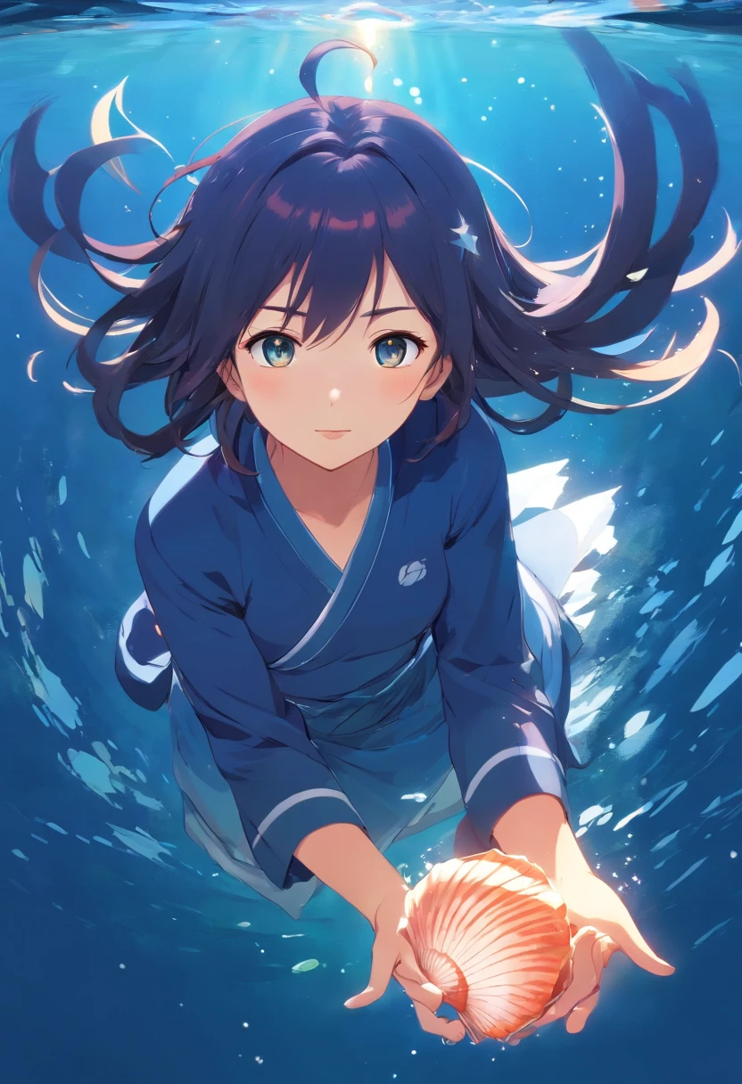 Une femme adulte. Menshin Impact style with Japanese-style clothing diving into the water with a shell in hand. Its eyes are dark blue and starry, ses sont cheveux de couleur saumon, her hair is very long