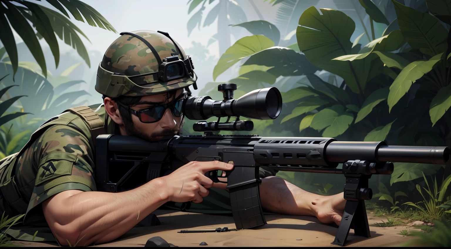 atirador de elite:

physical features: This soldier is tall and slender, with an upright and athletic posture. Possui olhos afiados, o que o torna um atirador de elite excepcional. Your skin is sunburned due to countless hours of patient waiting outdoors.
roupas: He is dressed in a tactical suit that includes a camouflaged cape that perfectly matches the jungle environment. He wears a combat helmet with a telescopic sight attached, permitindo uma mira precisa.
poser: He's lying face down in shooting position, with the sniper rifle firmly resting on a bipod. Your eyes are focused on telescopic vision, and your finger is on the trigger, pronto para atirar.