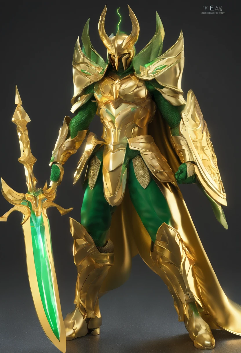 Capricorn shura saint seiya gold saint gold fabric ultra realistic gold armor 4k astrological sign of man green hair in spades up capricorn arm sword Excalibur blade green helmet 2 horns front white cape