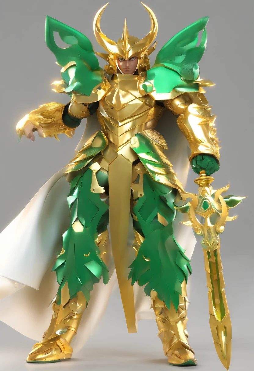 Capricorn shura saint seiya gold saint gold fabric ultra realistic gold armor 4k astrological sign of man green hair in spades up capricorn arm sword Excalibur blade green helmet 2 horns front white cape