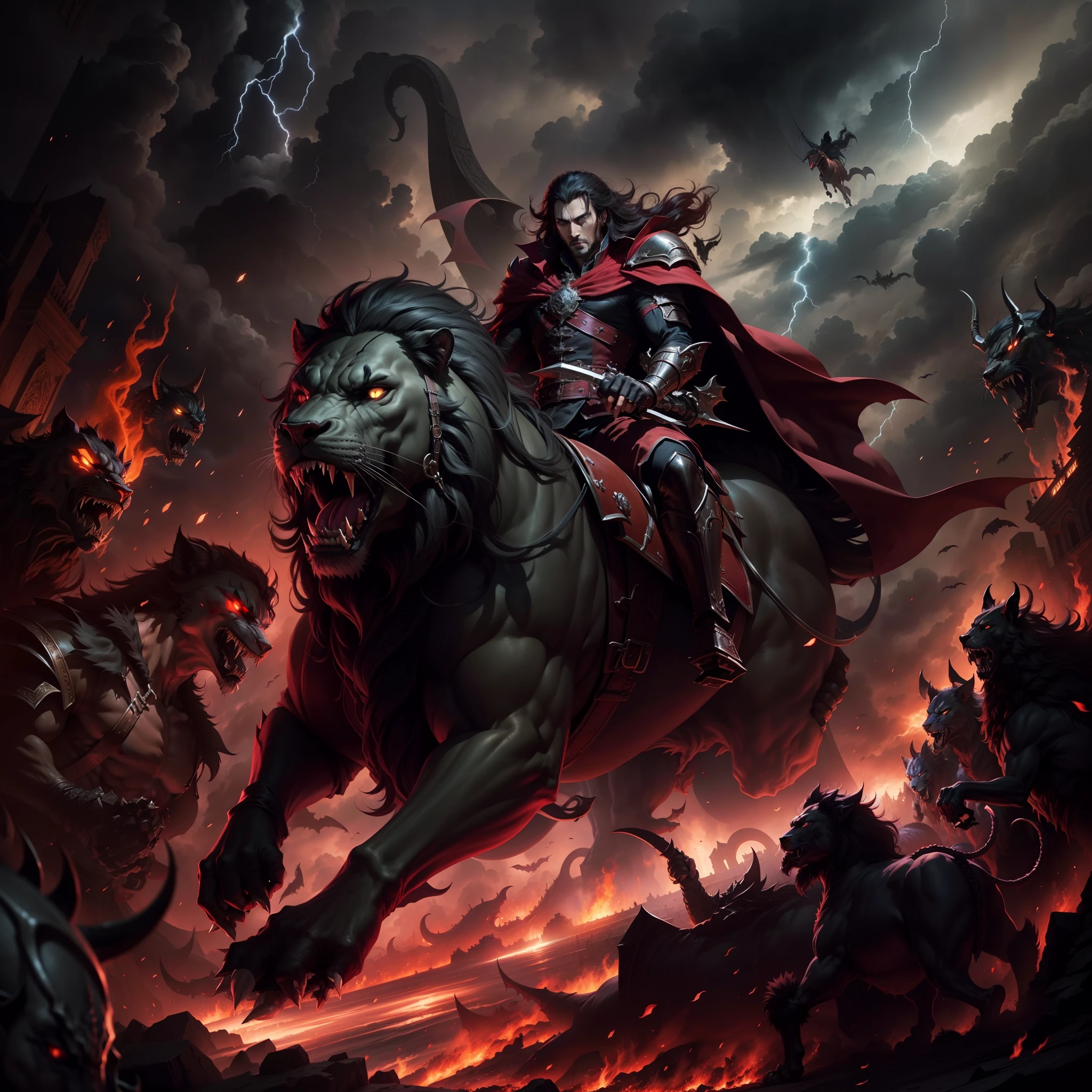 Castlevania Lord of the shadows lord dracula going for battle riding great Legendary roaring lion with thunder storm environnement surrounded by devils and demons to battle cinématique scènes movie